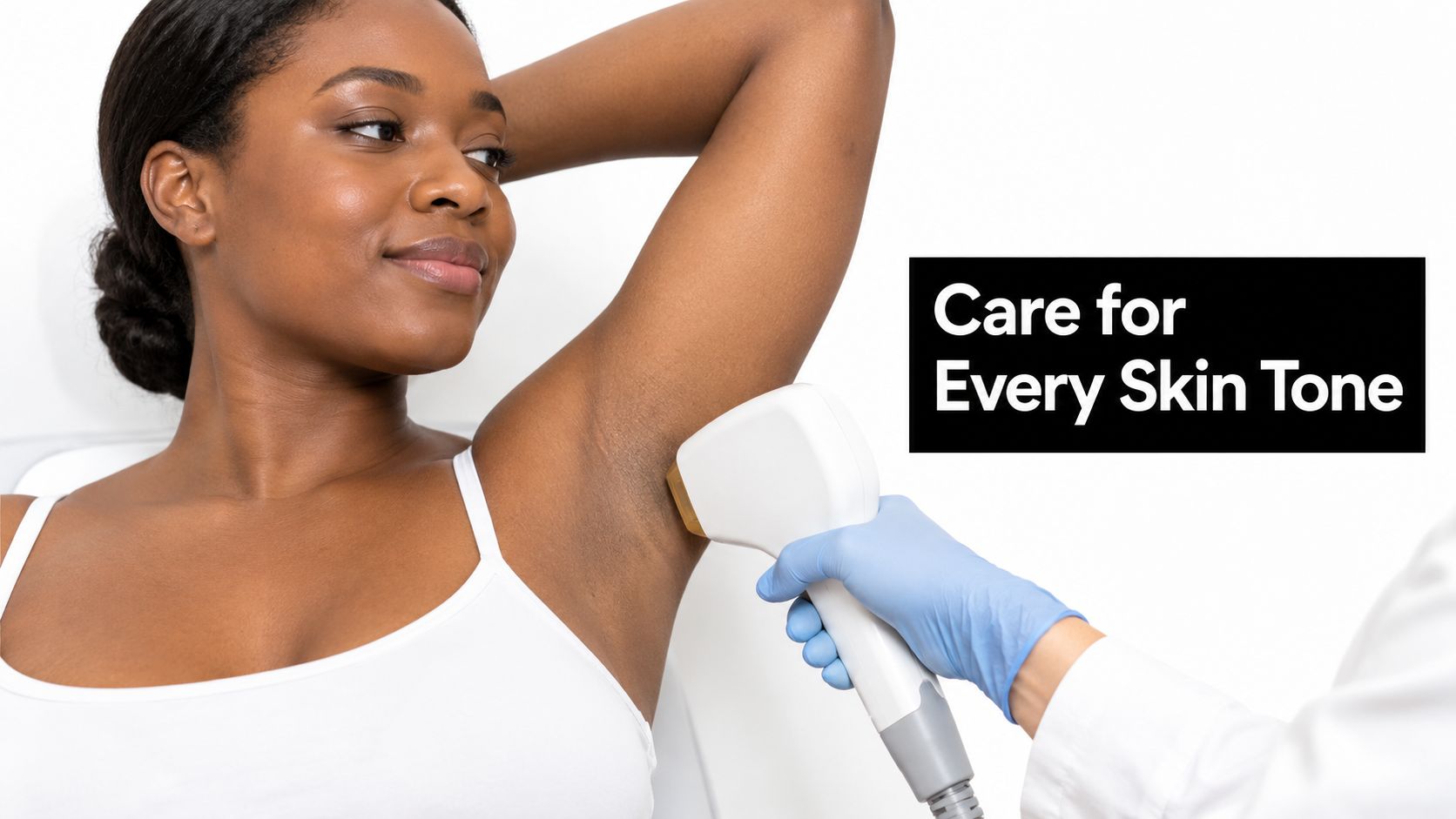 A professional clinician using a laser hair removal device on a patient's underarm area for smooth skin.