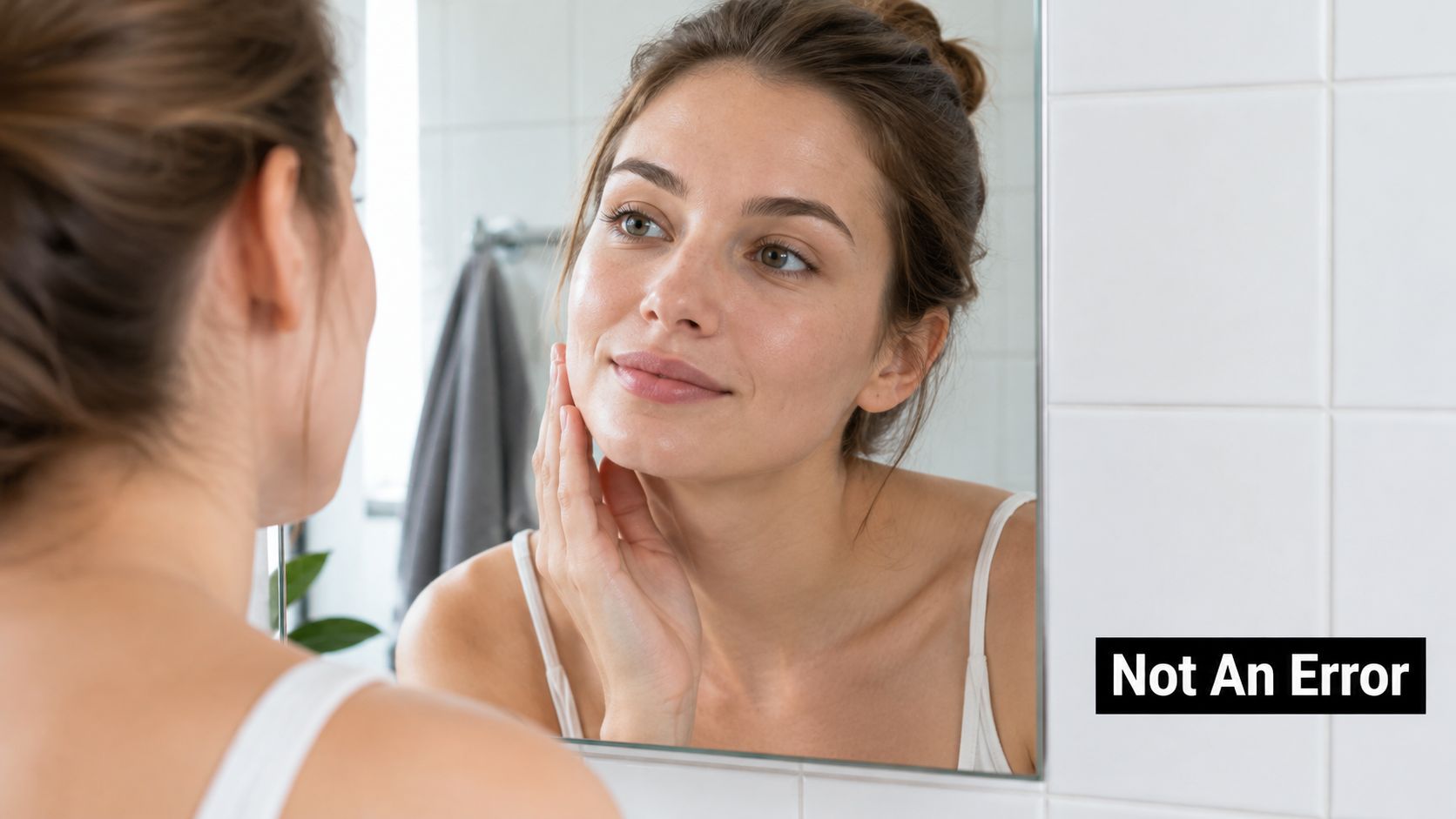 A young woman examining her smooth skin in a bathroom mirror after a beauty treatment.