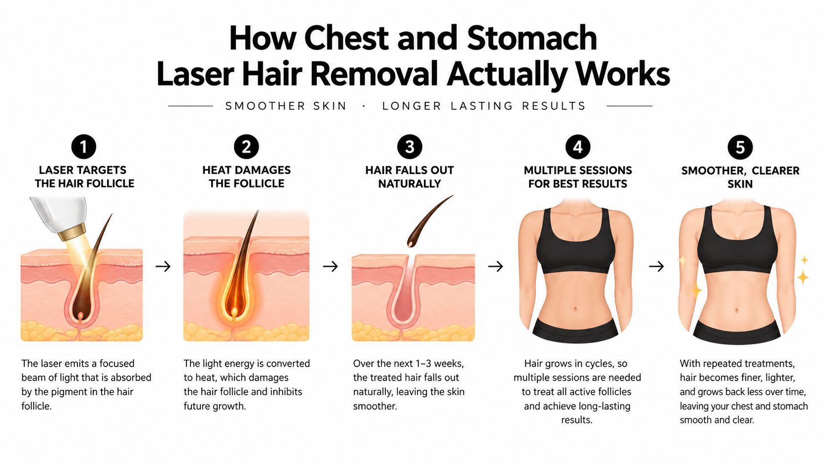 A step-by-step infographic illustrating how laser hair removal works on the chest and stomach area.