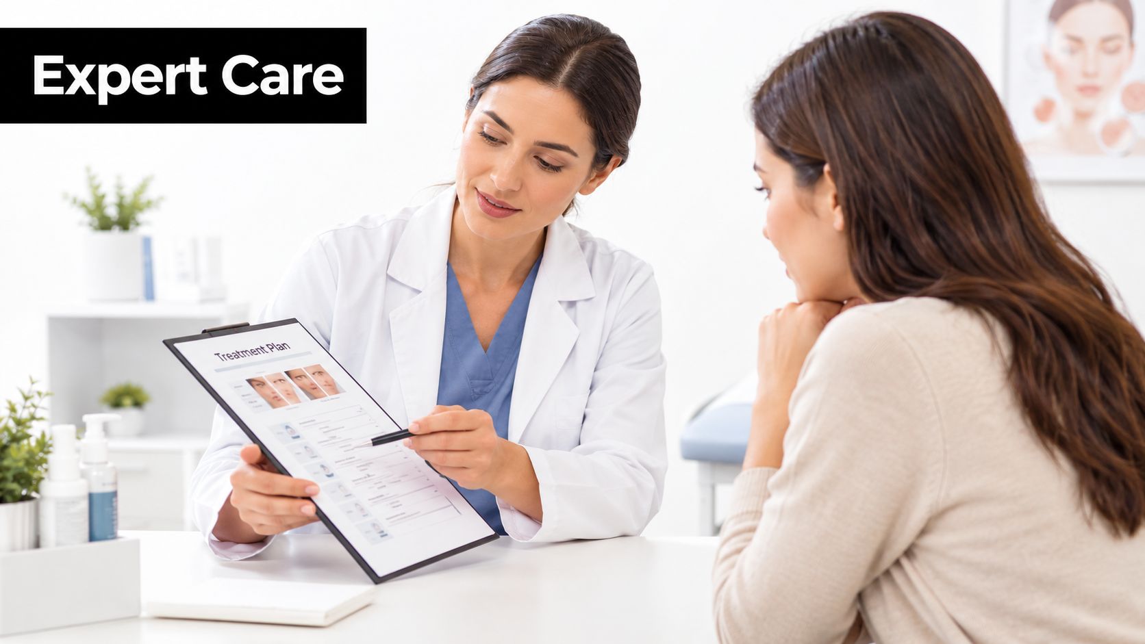 A dermatologist consults with a patient about a skin treatment plan in a modern medical office.
