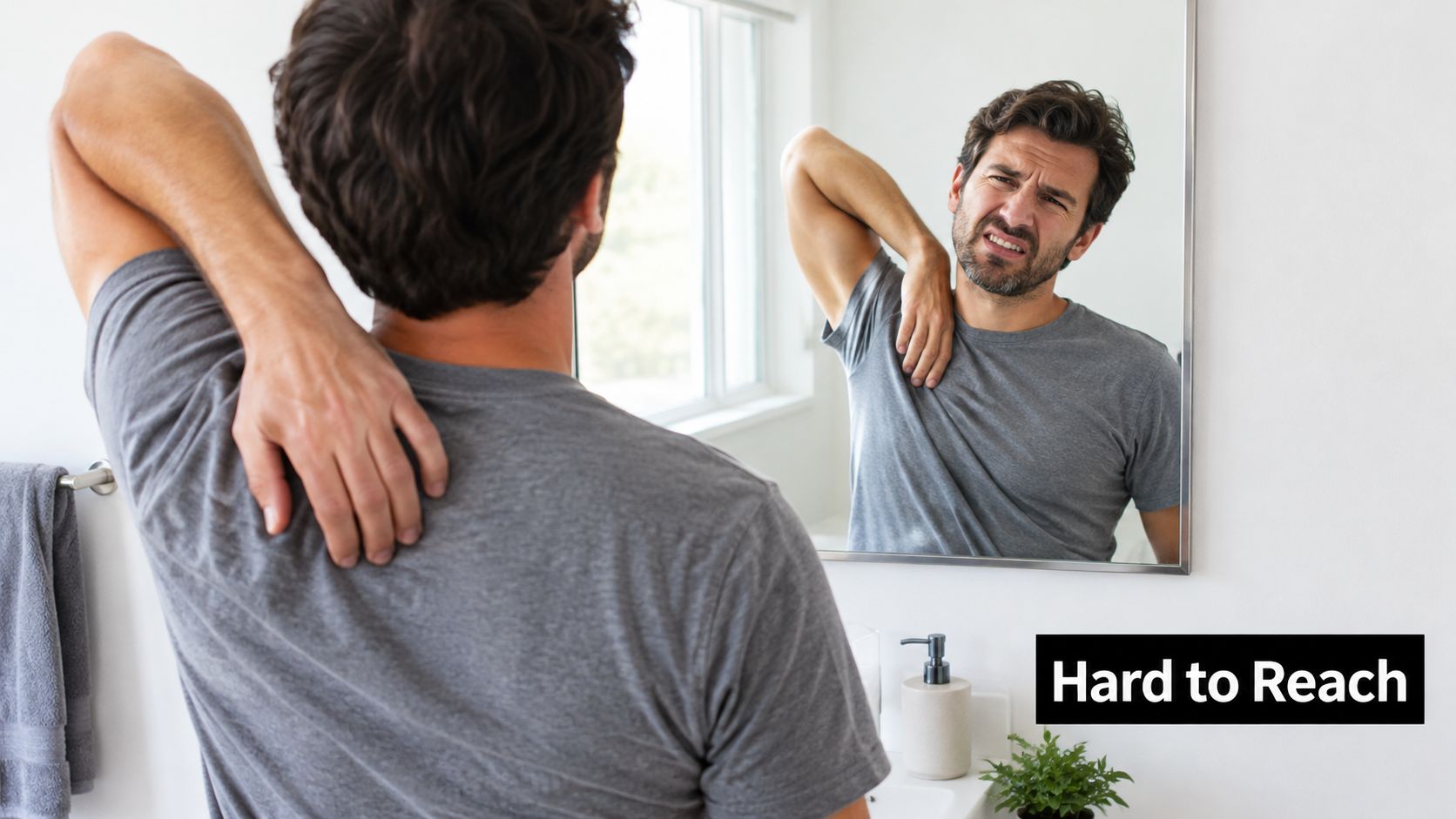 A man looking in the bathroom mirror while struggling to reach and groom his back hair.