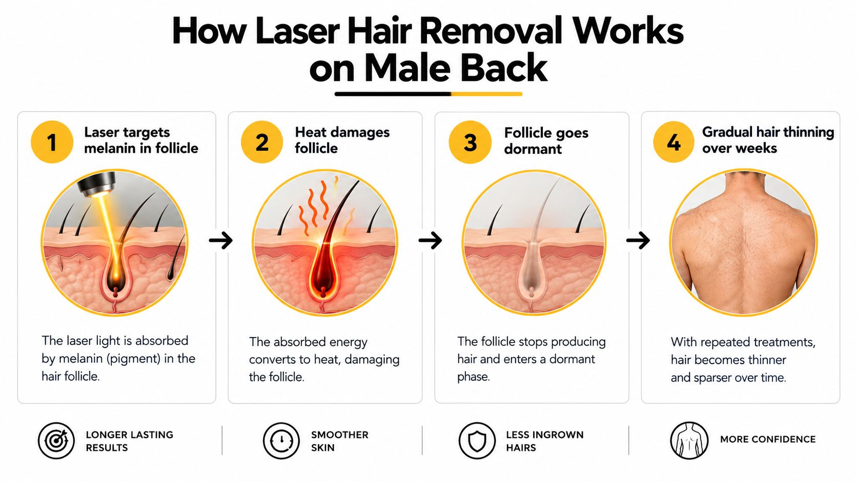 An infographic showing the four steps of how laser hair removal works on a man's back.