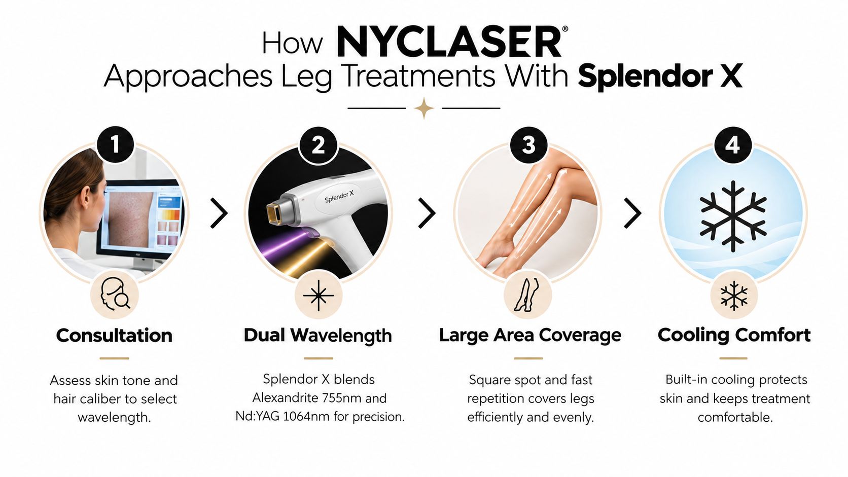 A step-by-step infographic showing the NYCLASER process for leg hair removal treatments using the Splendor X device.