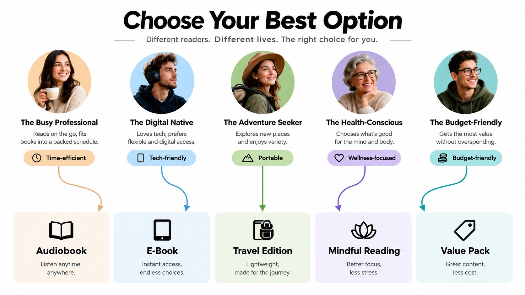 An infographic displaying five different reader personas matched with suitable book formats like audiobooks and e-books.