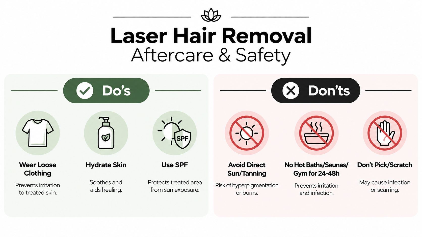 A simple infographic outlining essential post-treatment do's and don'ts for laser hair removal safety and care.