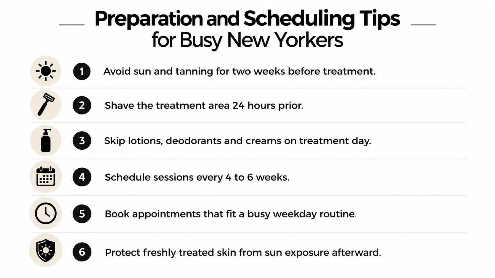 A list of six preparation and scheduling tips for laser hair removal treatment for busy individuals.