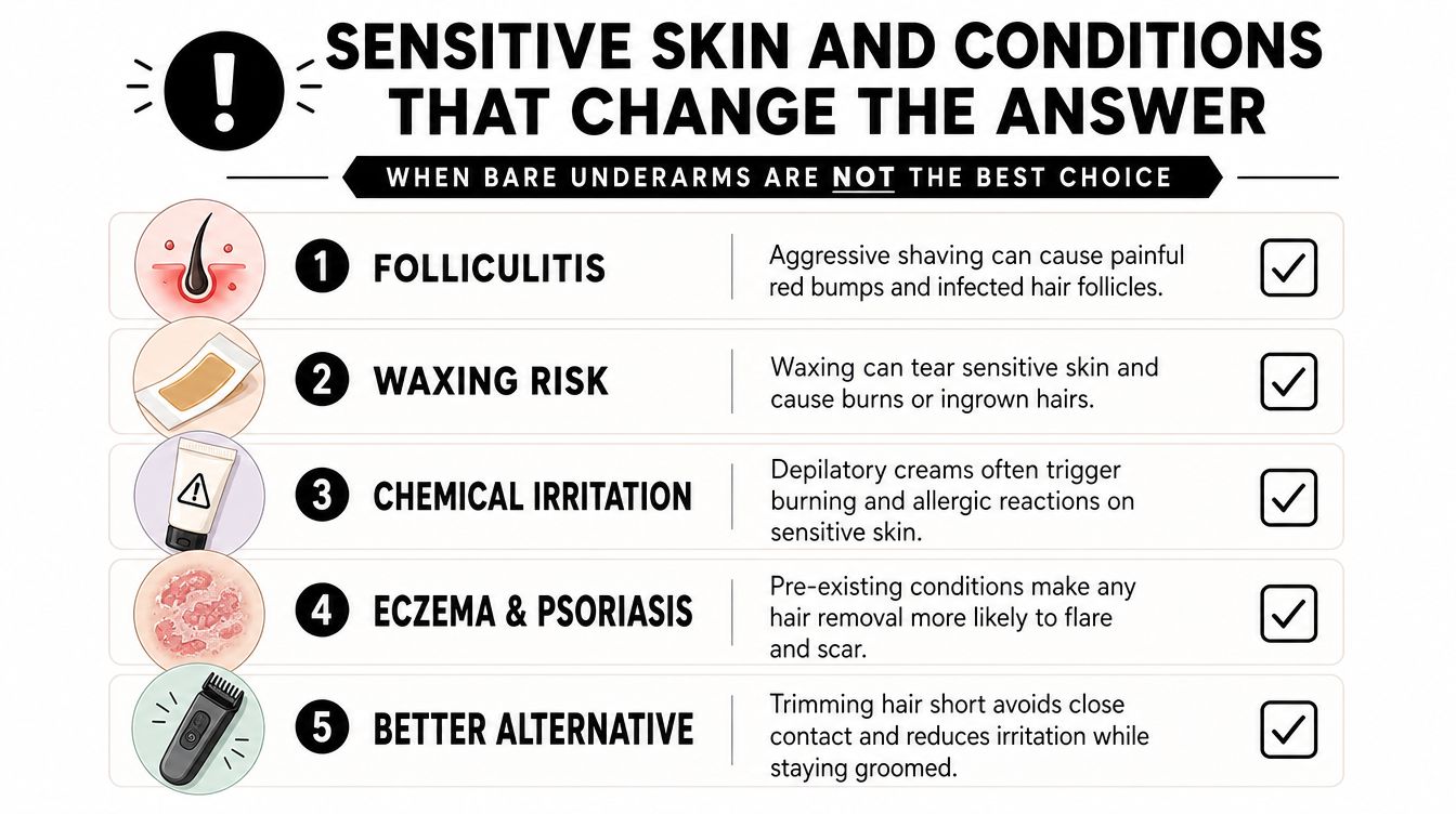 An infographic detailing five reasons why completely removing underarm hair might not be suitable for sensitive skin.