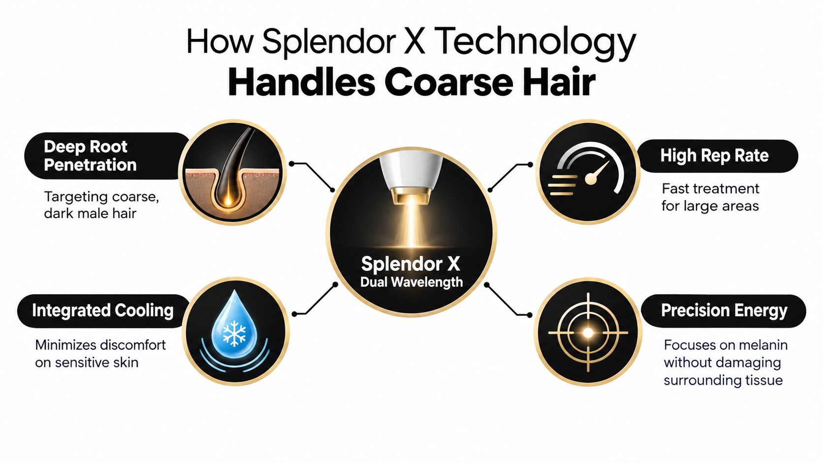 An infographic showing how Splendor X dual-wavelength technology effectively handles coarse hair through specialized laser features.