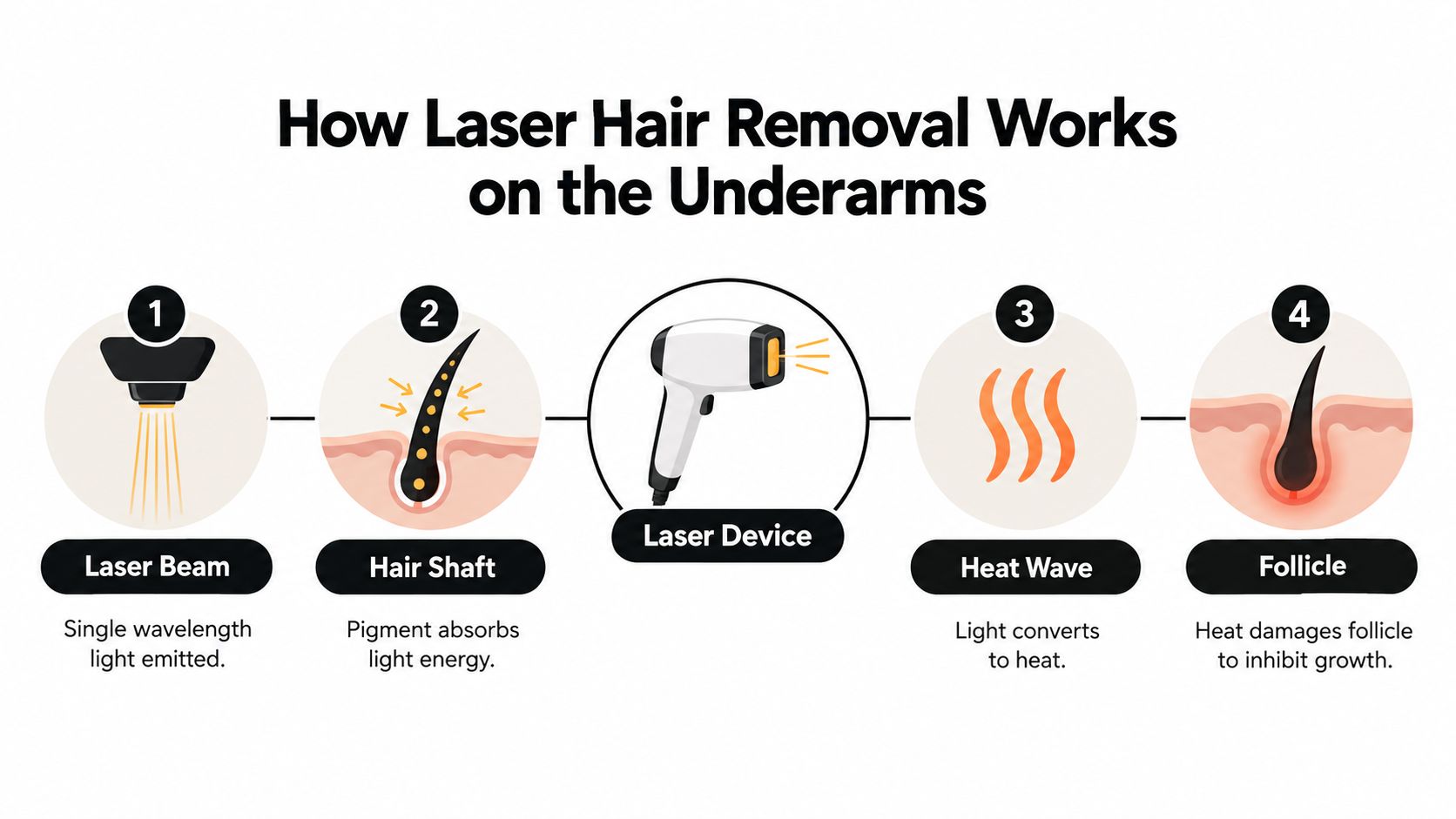 A diagram illustrating the four-step process of how laser hair removal works on underarm hair follicles.