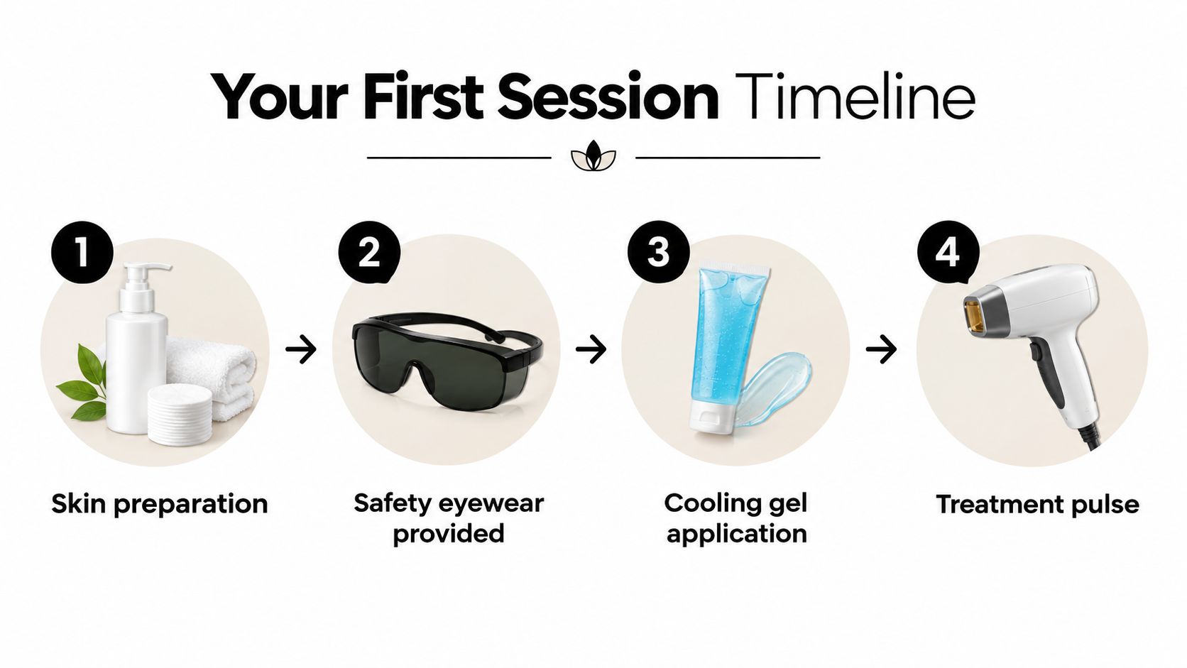 A four-step infographic illustrating the procedure timeline for a first time laser hair removal treatment session.