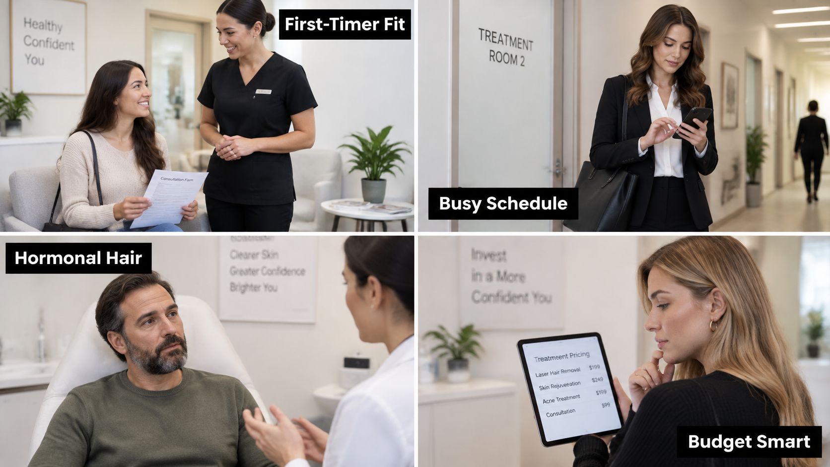 A composite image showing people in a skincare clinic focusing on consultations, busy schedules, and pricing.