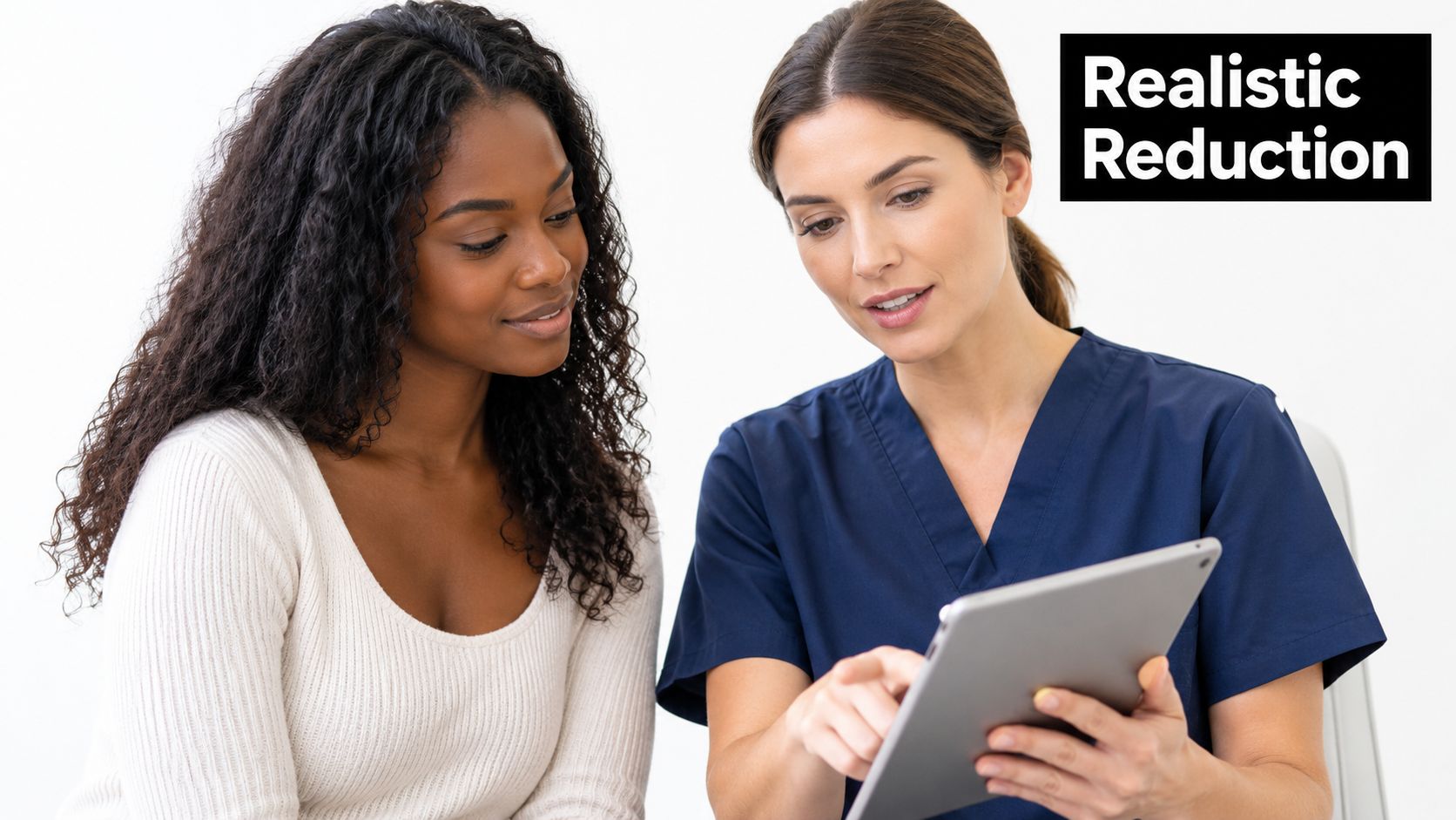A professional nurse showing information on a tablet to a patient during a medical consultation.