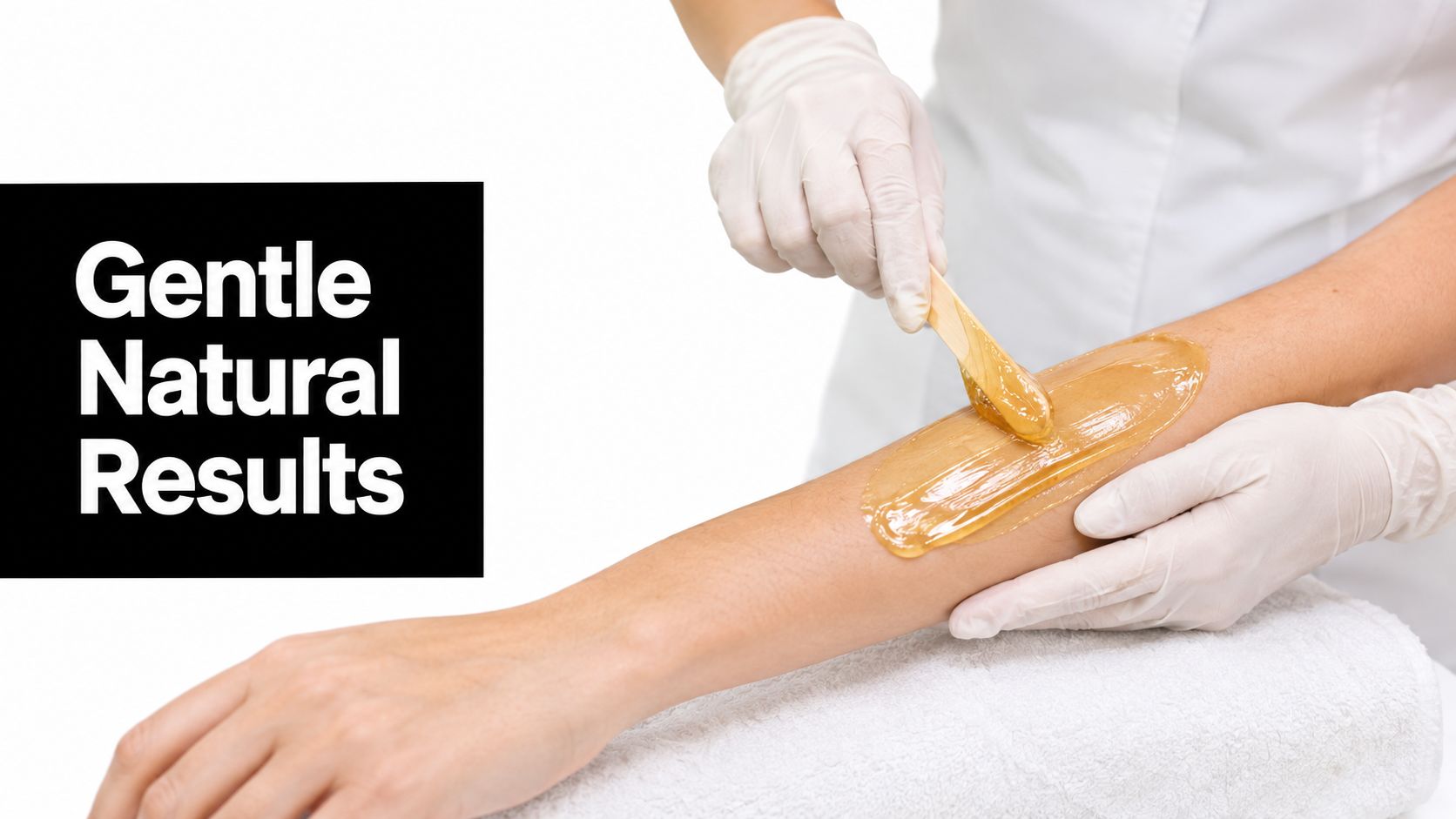 A professional esthetician in white gloves applies sugaring wax to a client's forearm during hair removal treatment.