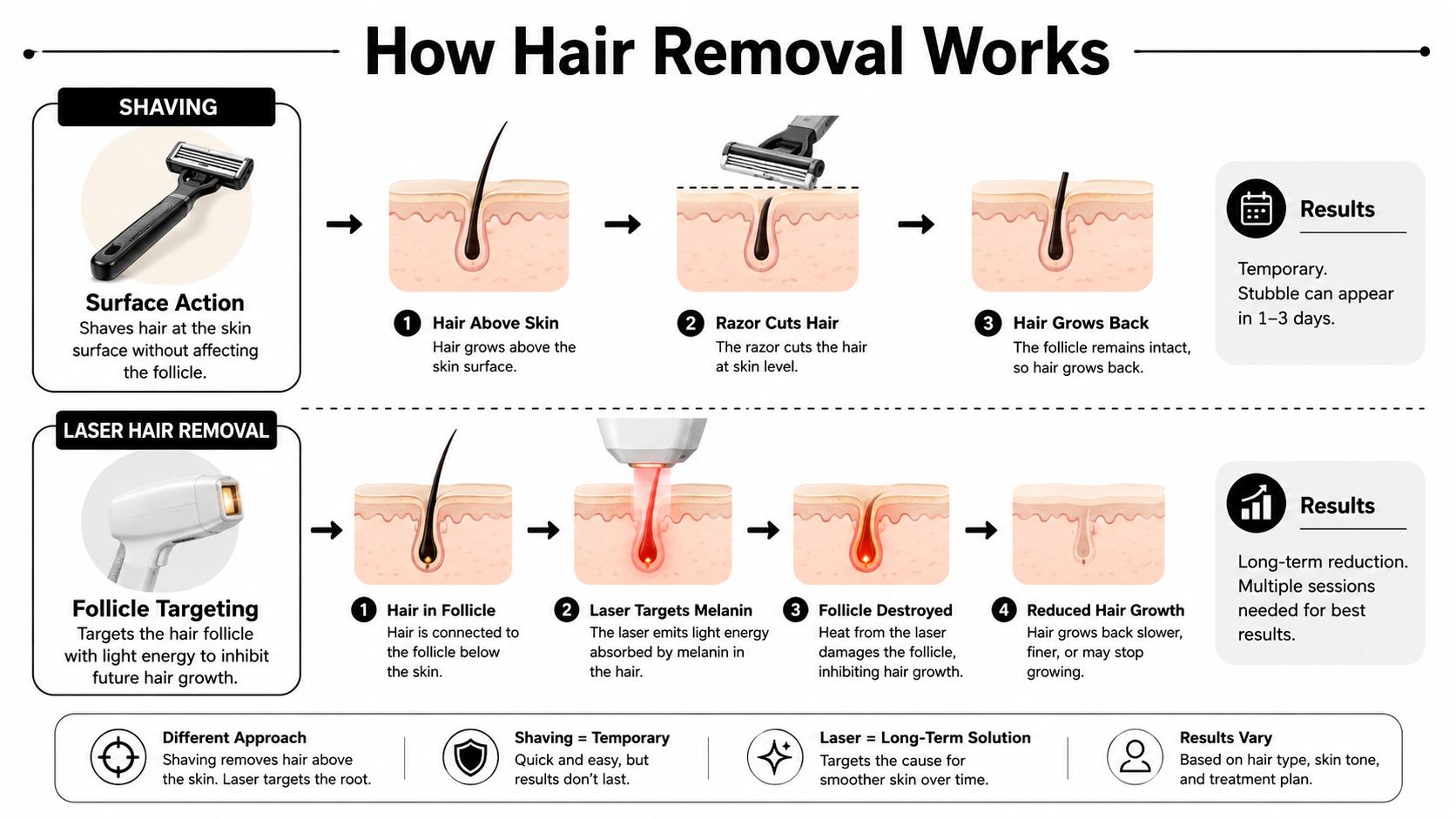 A comparison chart showing how shaving and laser hair removal techniques work on skin and hair follicles.