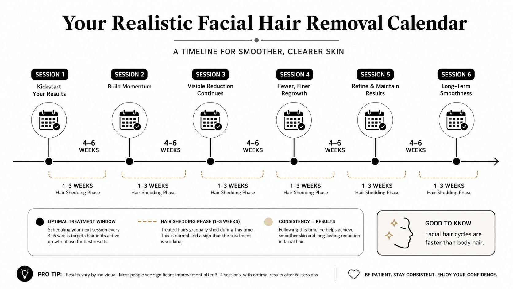 A visual timeline calendar for facial hair removal showing six treatment sessions scheduled every four to six weeks.