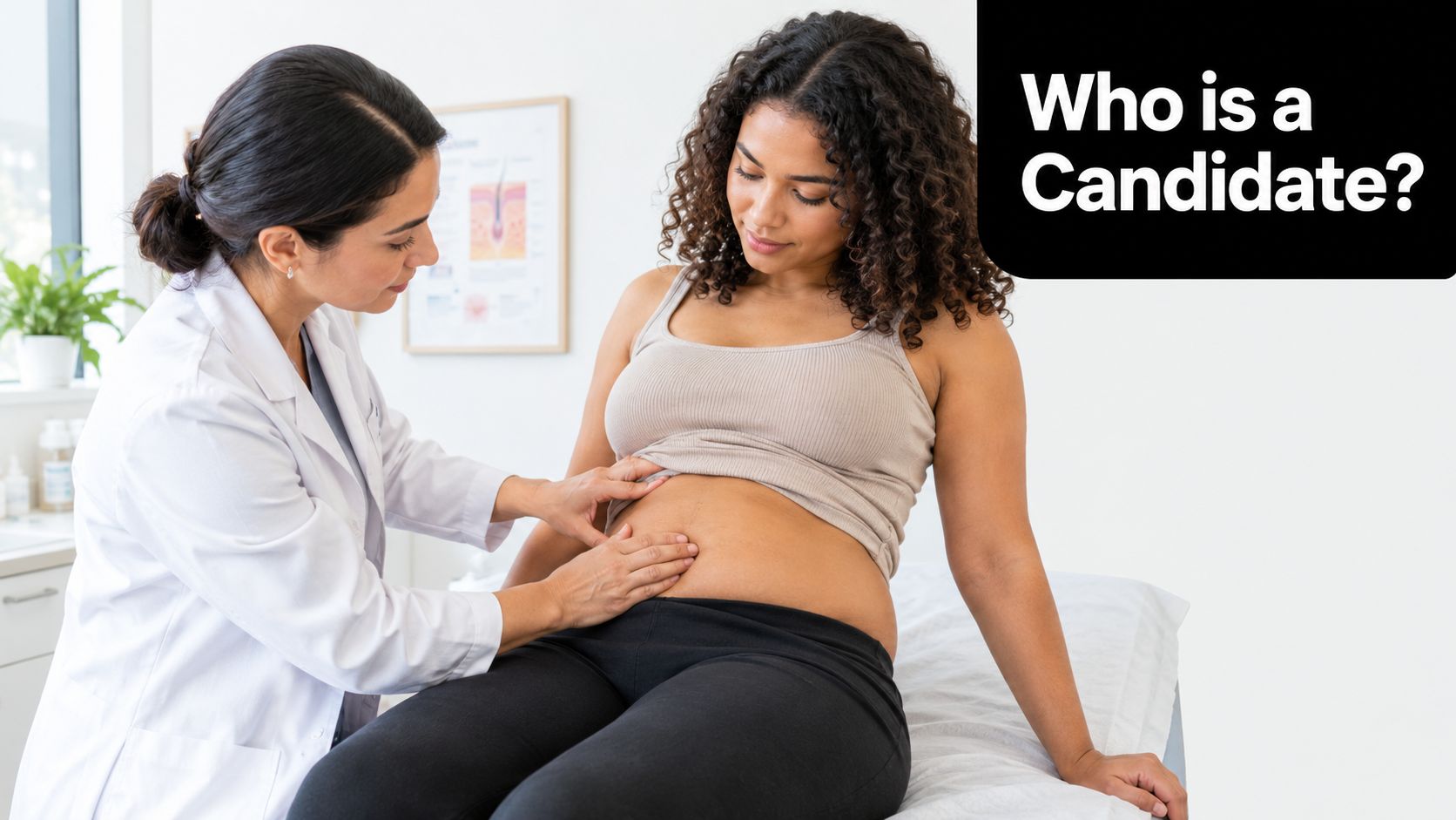 A dermatologist performs a physical examination on a woman's abdomen to assess candidacy for medical treatment.