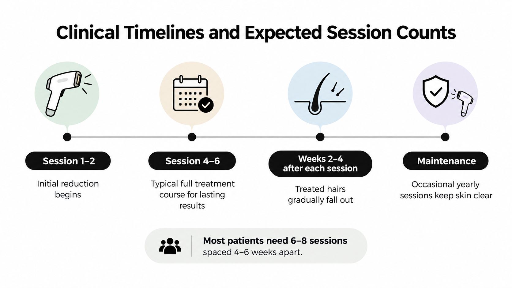 A clinical timeline infographic detailing the laser hair removal process, session counts, and expected treatment results.