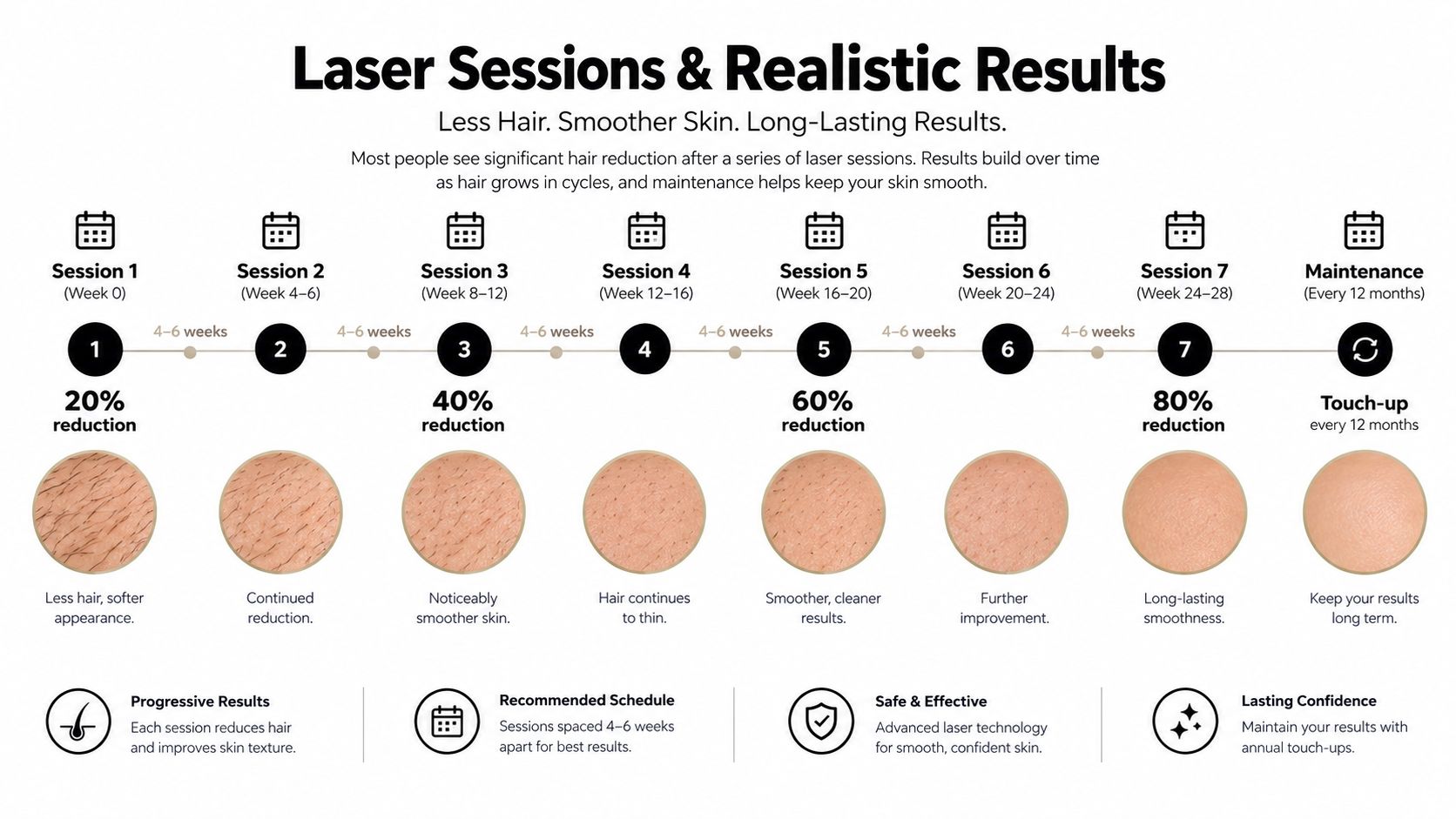 A timeline graphic showing 7 laser hair removal sessions and maintenance steps for long-lasting hair reduction results.