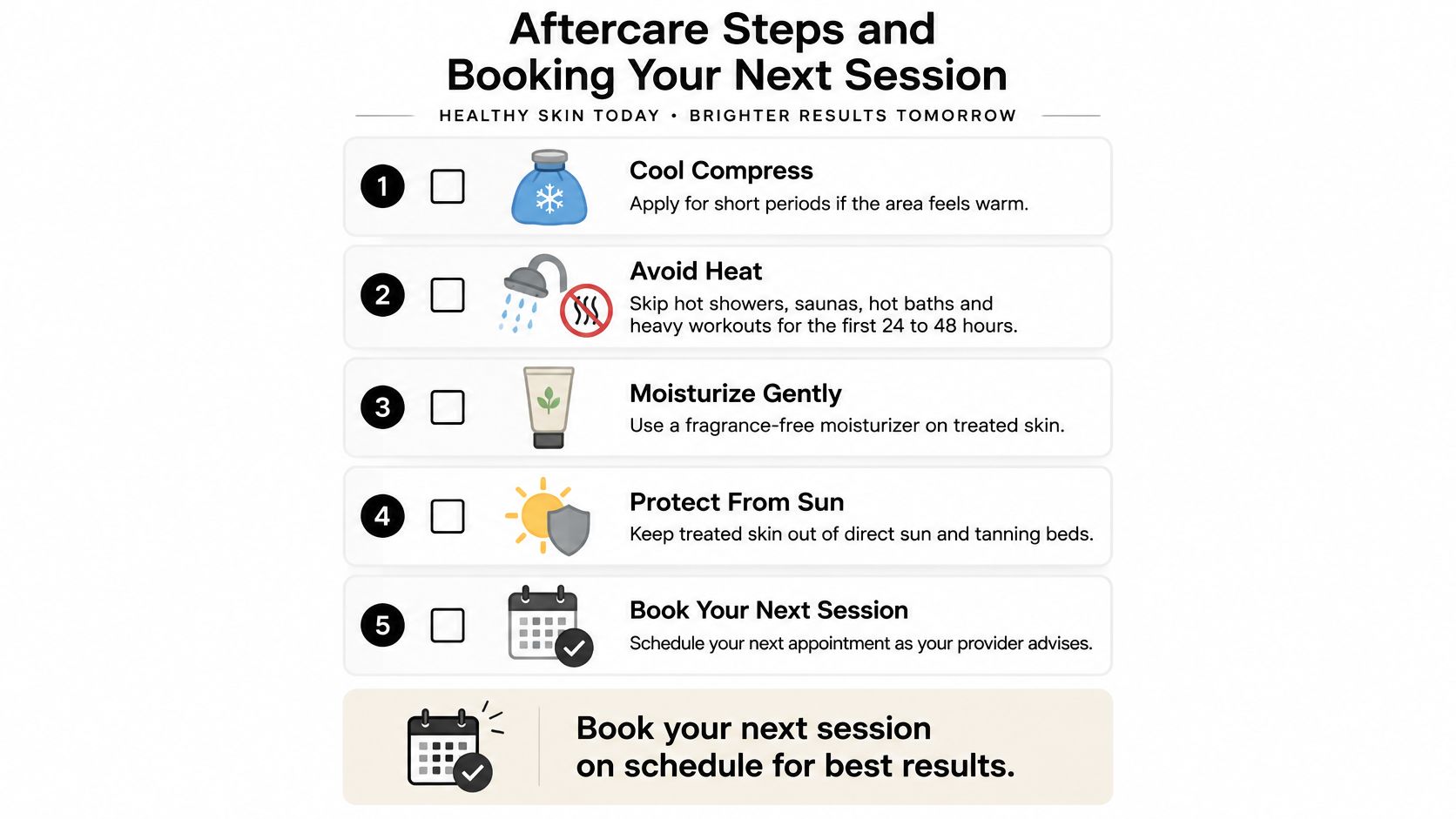 A step-by-step infographic titled Aftercare Steps and Booking Your Next Session for skincare procedure recovery instructions.
