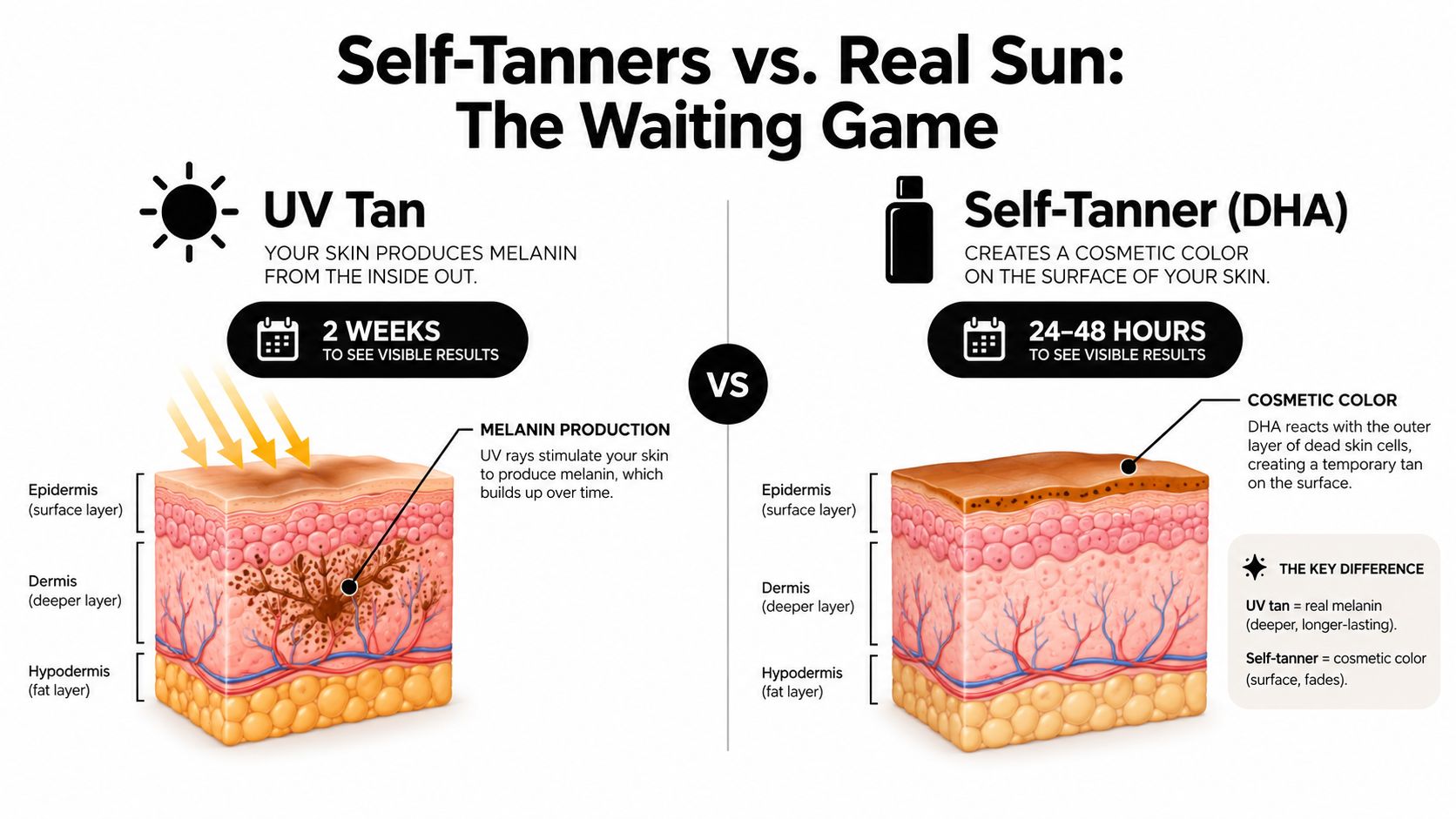 An infographic comparing UV sun tanning versus self-tanner applications, showing the physiological differences in skin coloration.