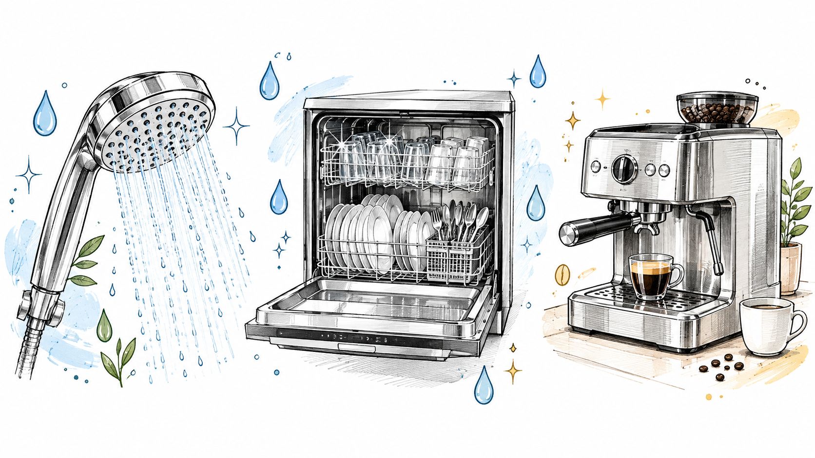 Een illustratie van een douchekop, vaatwasser en espressomachine die schoon water en huishoudelijke apparaten representeren.