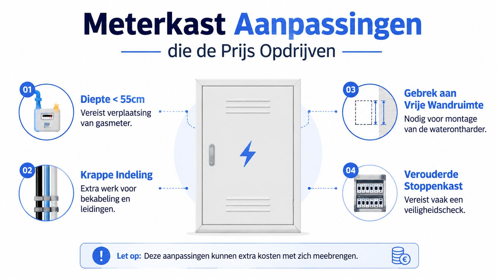 Een overzicht van factoren in de meterkast die de kosten voor een waterontharder installatie kunnen verhogen.
