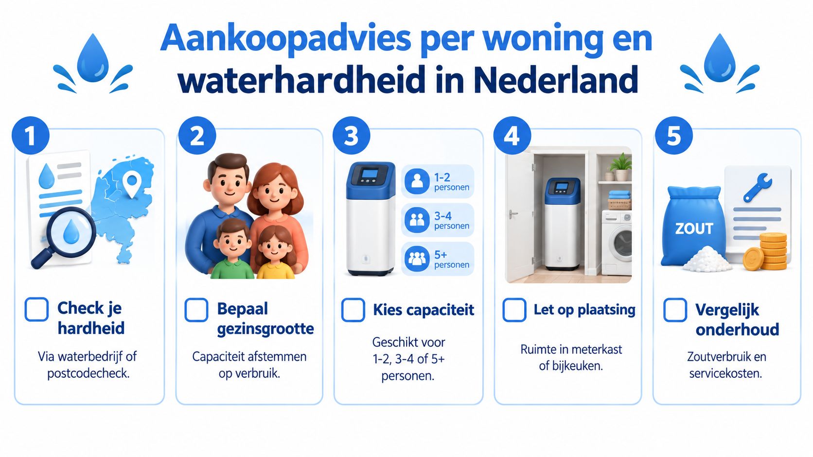 Een overzicht van de vijf stappen voor het kiezen van de beste waterontharder voor uw woning.