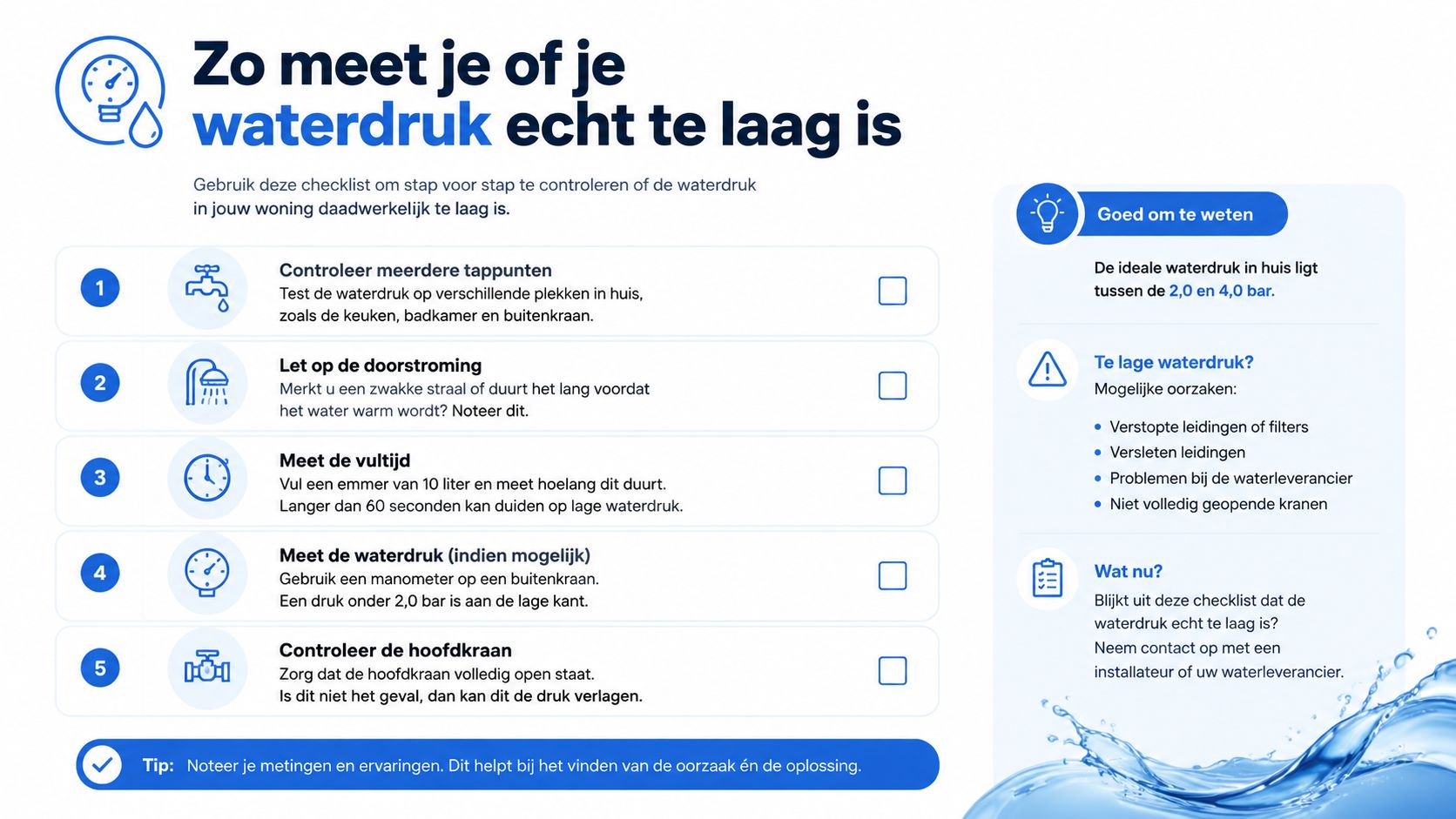 Een informatieve infographic in het Nederlands met vijf stappen om te controleren of de waterdruk in huis laag is.