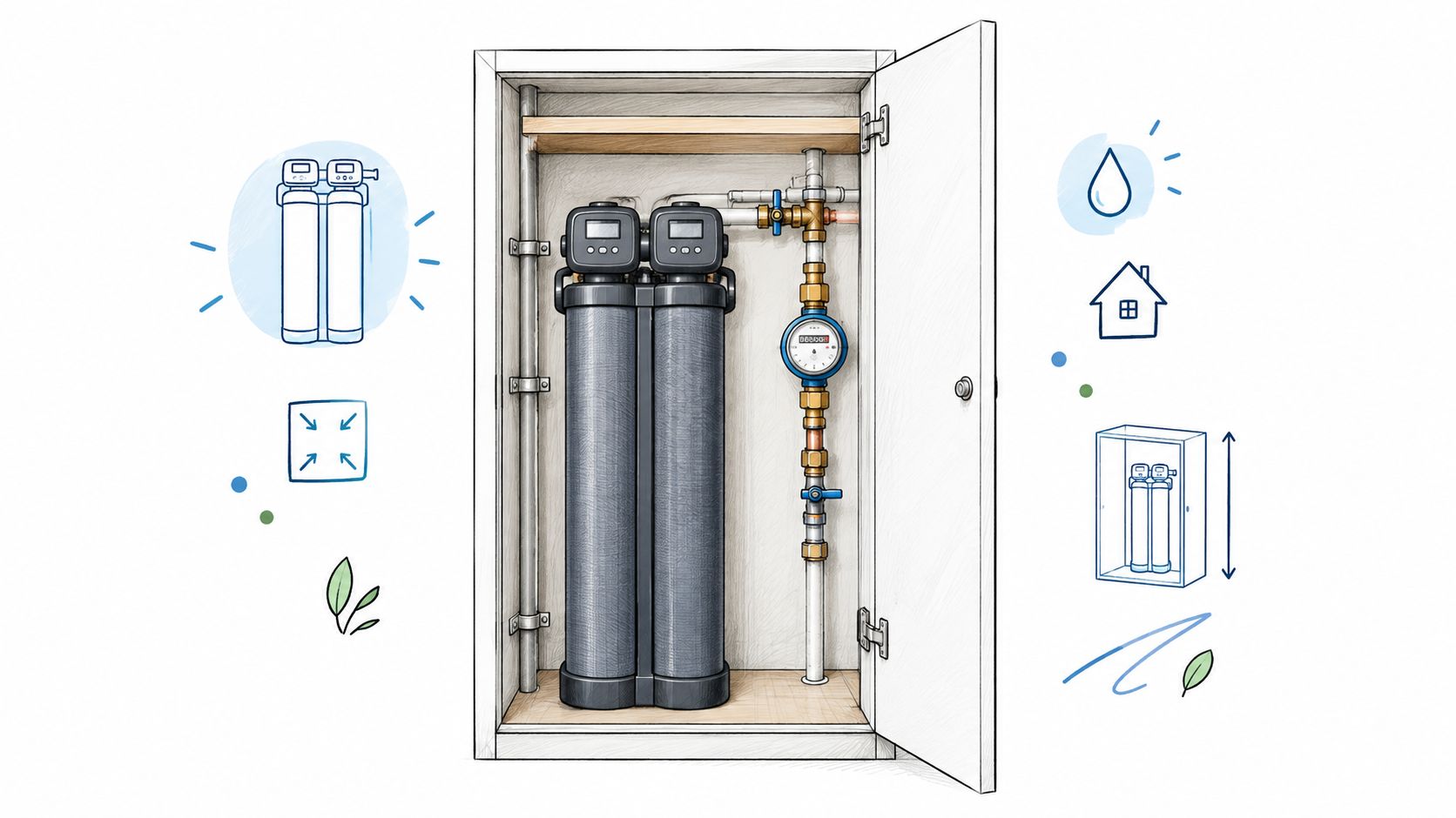 Een waterontharder geïnstalleerd in een meterkast met een watermeter en leidingen voor huishoudelijk gebruik.