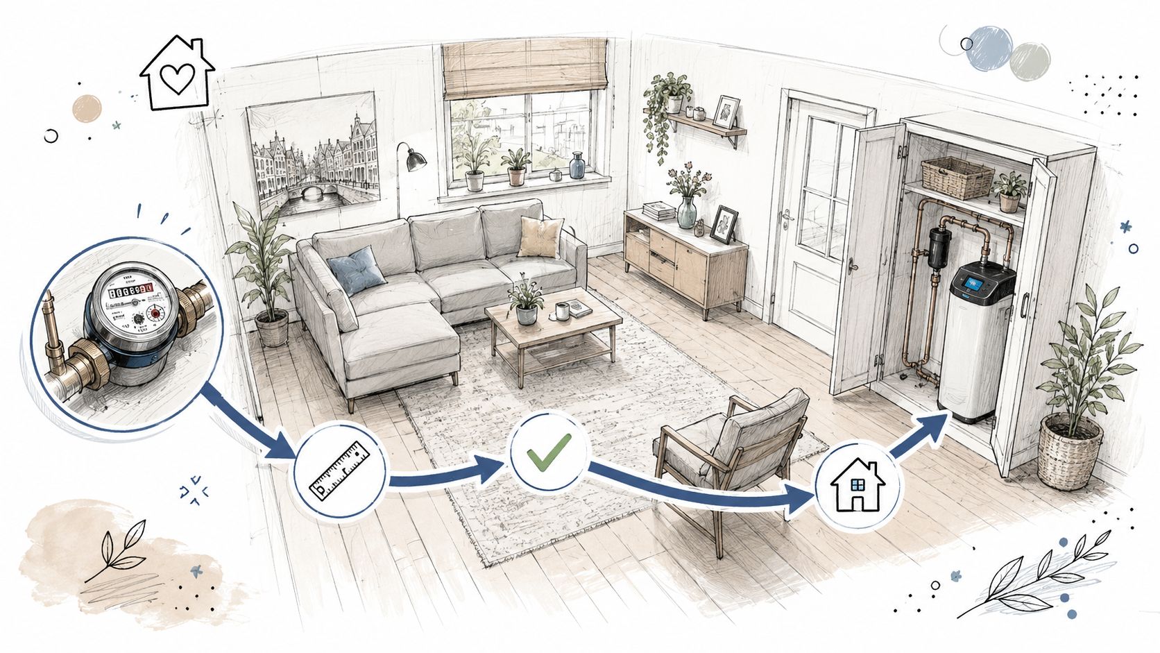 Een schematische illustratie van het proces om een waterontharder in een woonkamer te installeren.