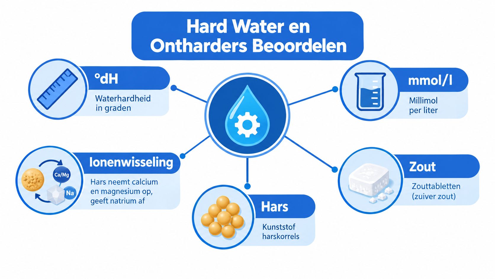 Een informatieve afbeelding over het beoordelen van hard water en de werking van waterontharders met ionenwisseling.