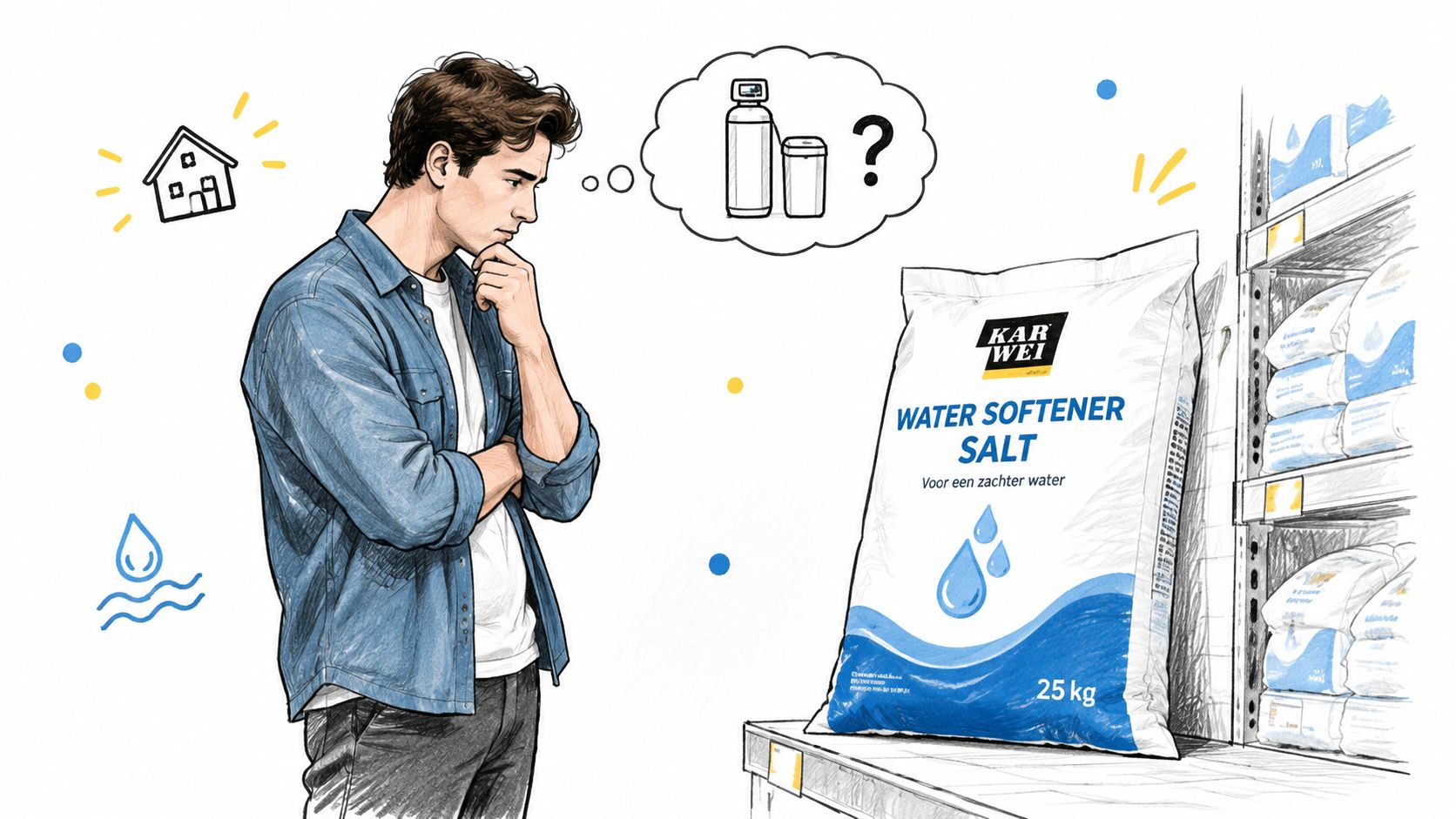 Jonge man in een winkel die twijfelt of hij waterontharder zout voor zijn waterontharder moet kopen.