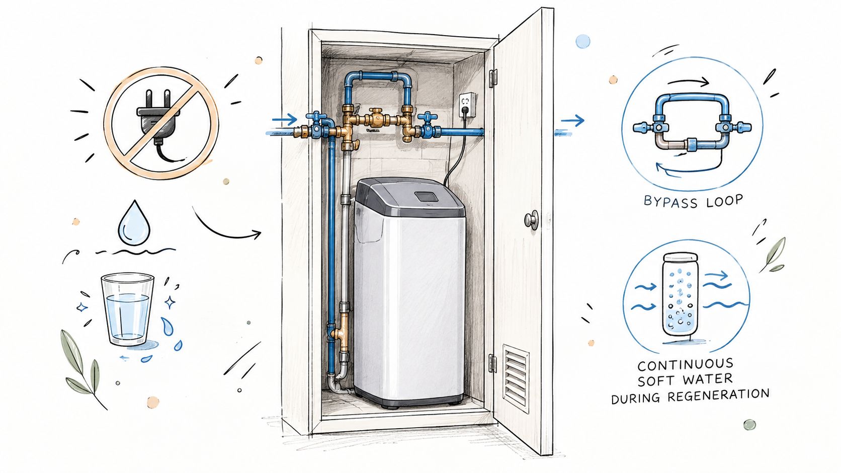 Een diagram toont een waterontharder in een kast met bypass-mogelijkheid en stroomonafhankelijke werking voor zacht water.