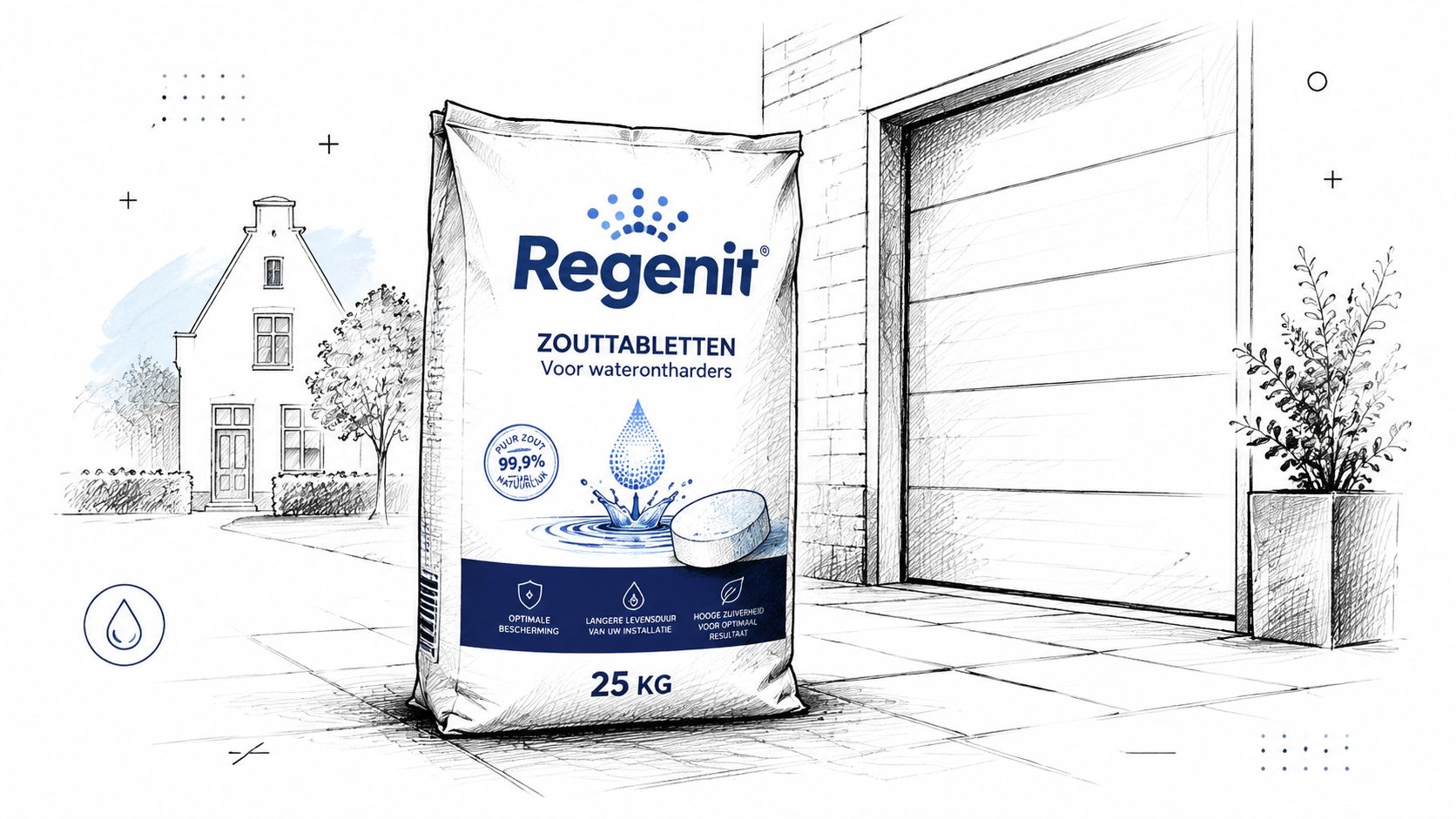 Een zak Regenit zouttabletten van 25 kg voor waterontharders in een getekende omgeving met een huis.