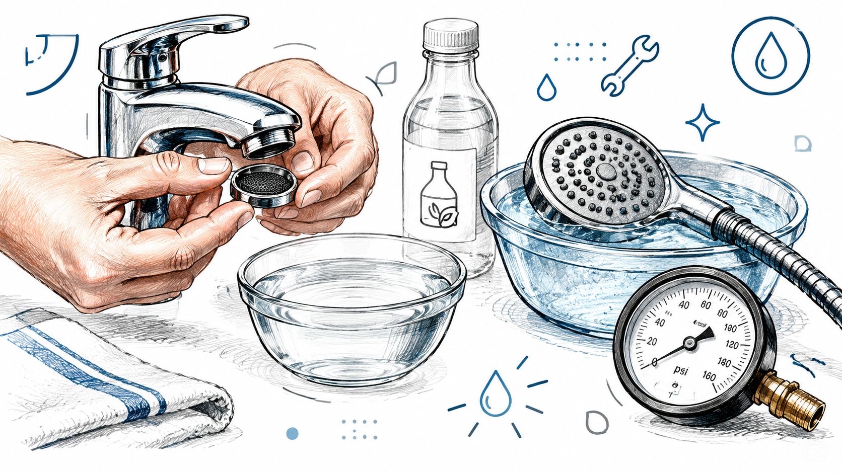 Een illustratie van een kraanbeluchter en douchekop die worden gereinigd om lage waterdruk in huis op te lossen.