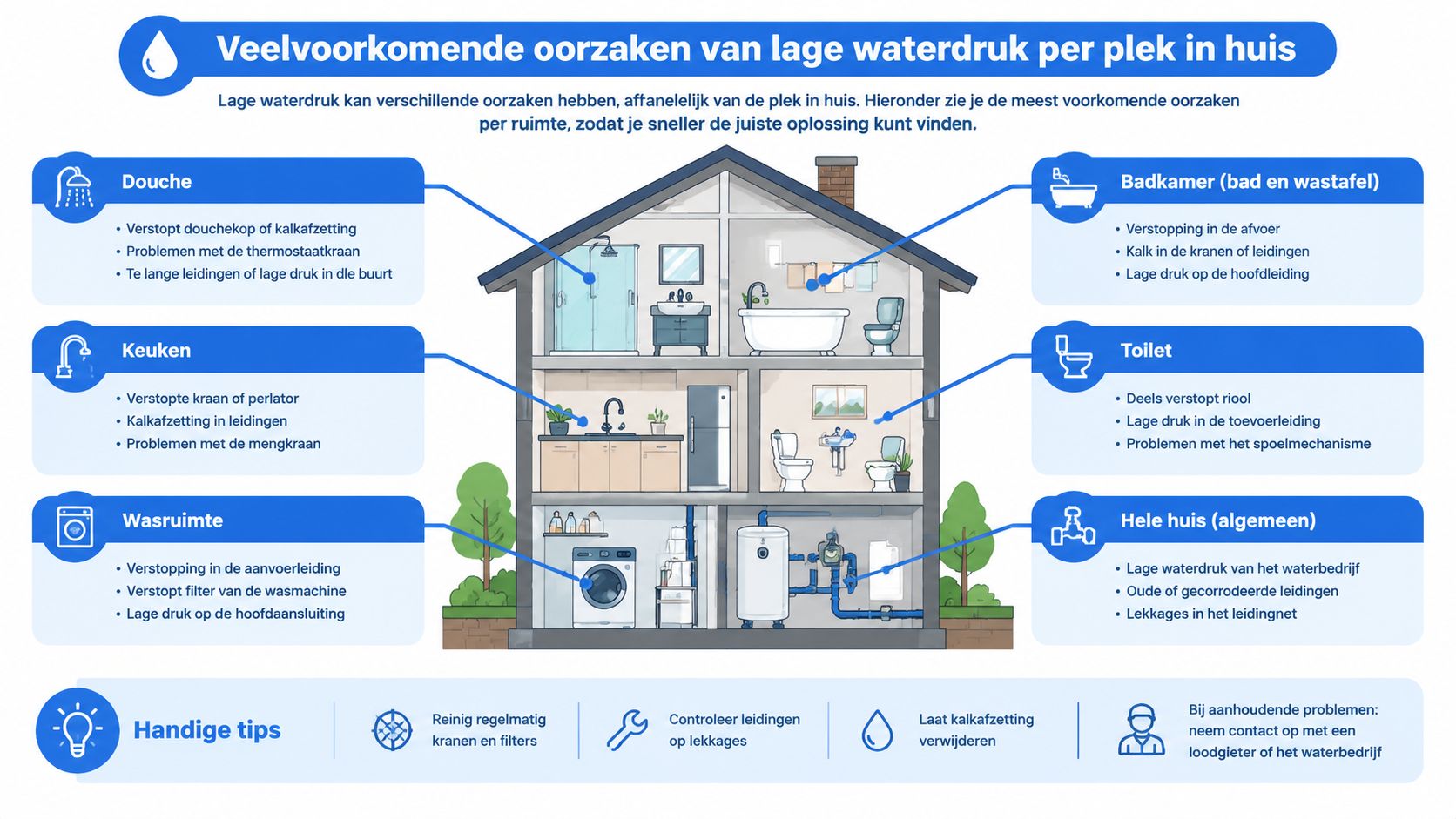 Een overzichtskaart van een huis met veelvoorkomende oorzaken van lage waterdruk per kamer en handige onderhoudstips.