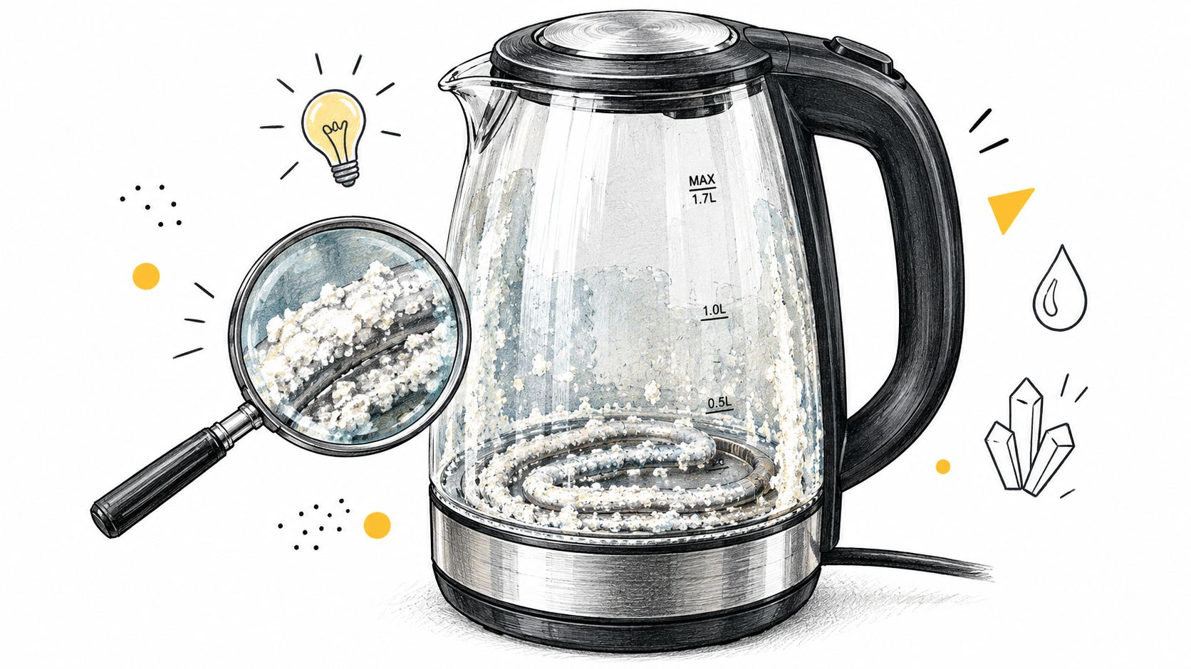 Een glazen waterkoker met een zichtbare kalkaanslag op het verwarmingselement, uitvergroot met een vergrootglas.