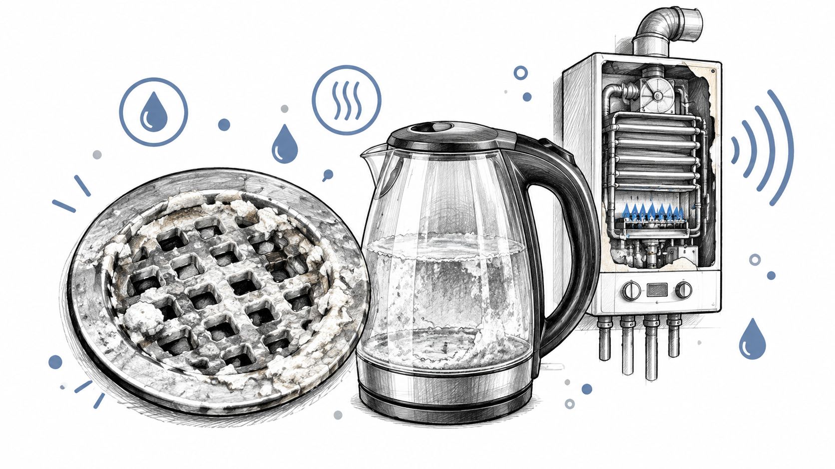 Een illustratie met een afvoer, waterkoker en cv-ketel die kalkaanslag en waterproblemen in huis weergeven.