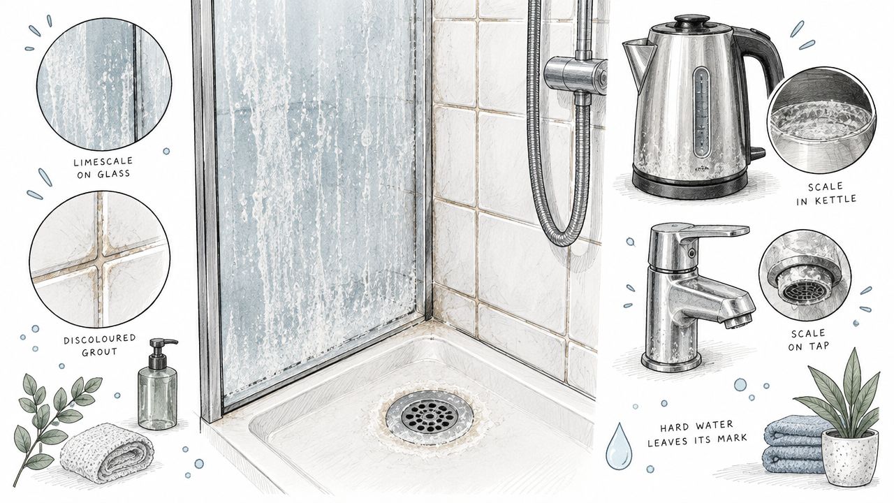 Illustratie toont de negatieve effecten van hard water, zoals kalkaanslag op glas, kranen en in een waterkoker.