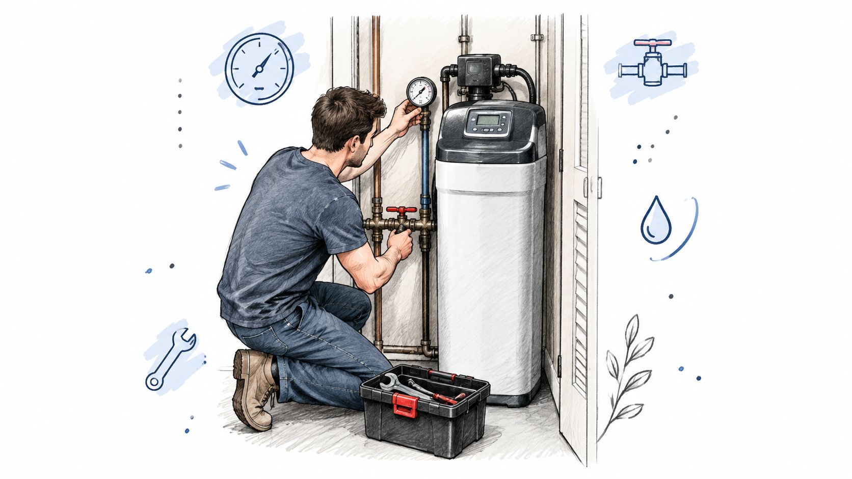 Een vakman die een waterontharder controleert en onderhoudt in een technische ruimte met gereedschap bij de hand.