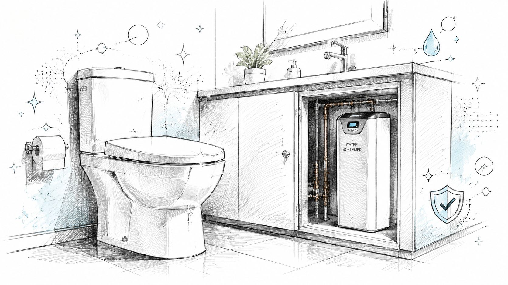 Een schets van een badkamer met een waterontharder in een kast om kalkaanslag in de wc tegen te gaan.