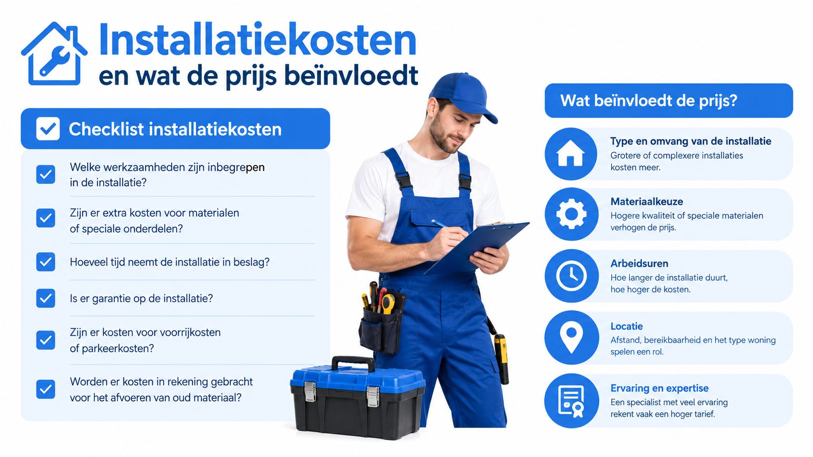 Een professionele monteur met een checklist voor installatiekosten en factoren die de prijs beïnvloeden voor klanten.