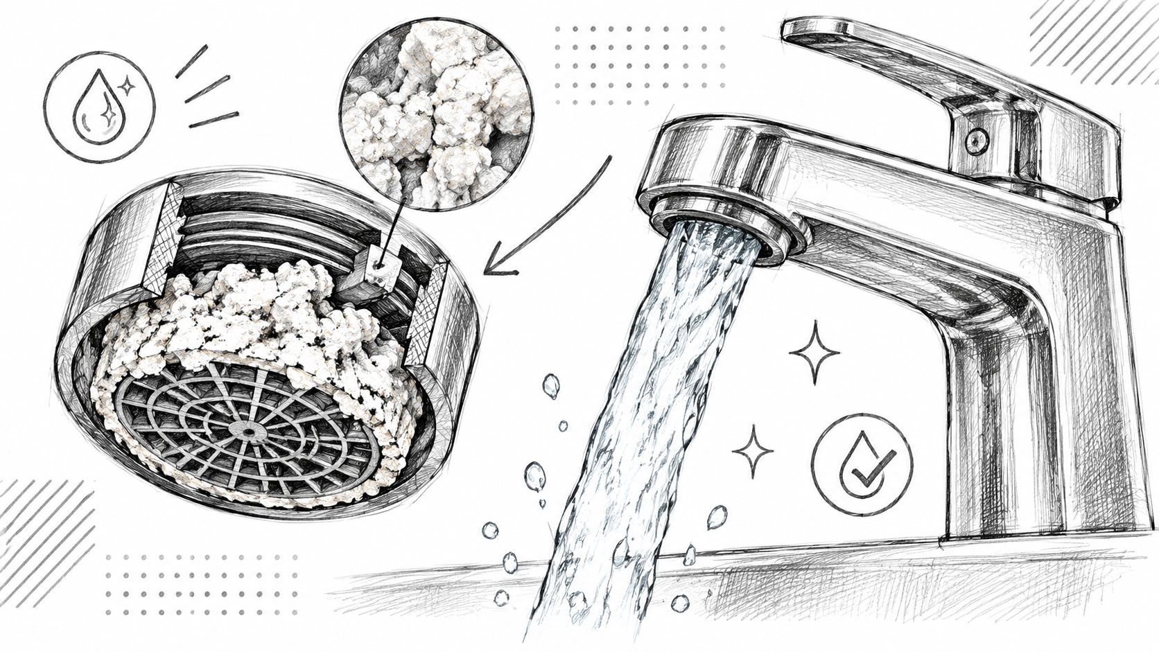 Een schets van een waterkraan met een verkalkte zeef en een stroom helder water uit de kraan.