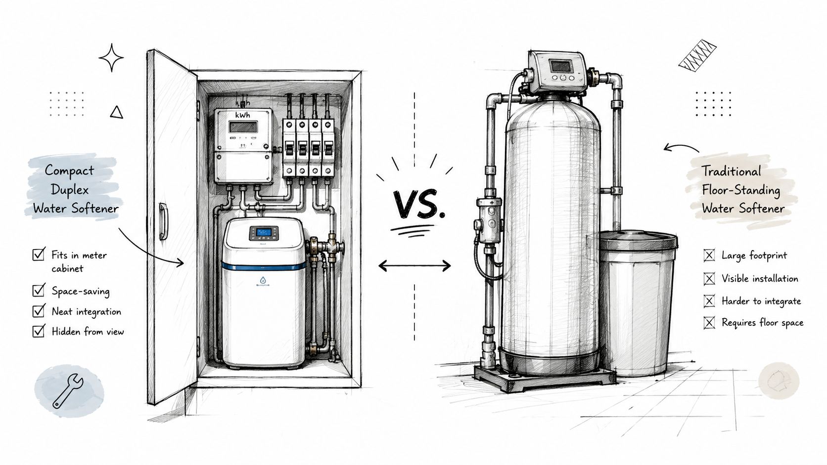 Vergelijking van een compacte waterontharder in de meterkast versus een traditioneel vloermodel voor effectief ruimtegebruik.