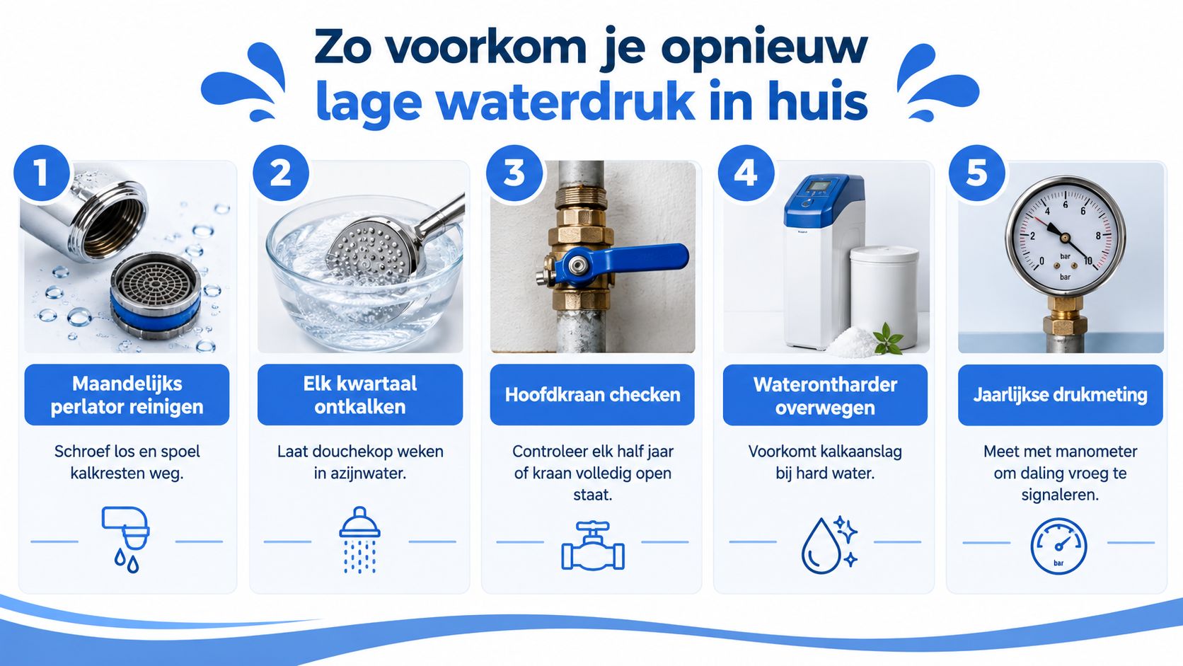 Een informatieve infographic met vijf stappen om lage waterdruk in huis effectief te voorkomen en verhelpen.
