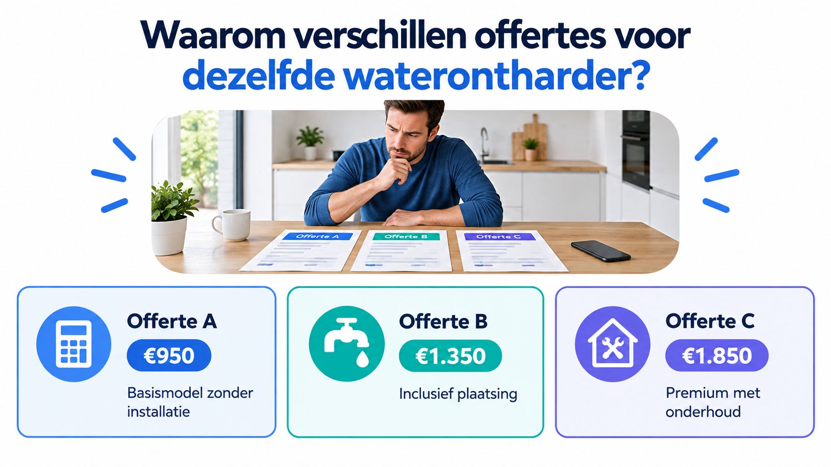 Een man kijkt naar drie verschillende offertes voor een waterontharder met diverse prijzen en servicepakketten.