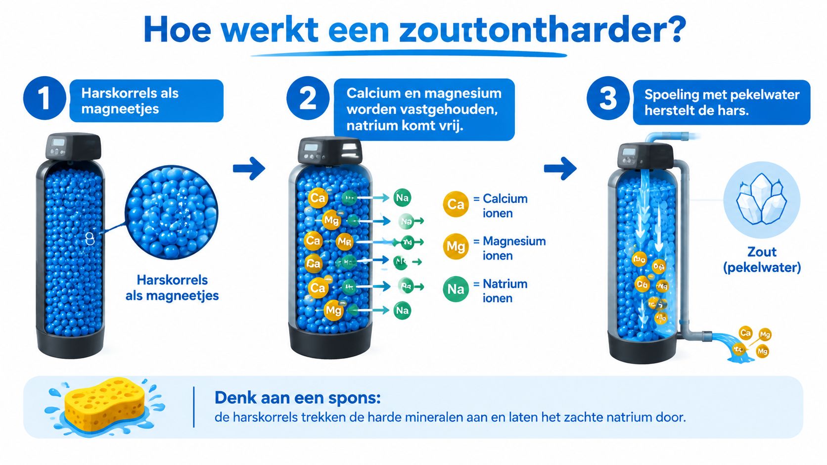 Een infographic die in drie stappen uitlegt hoe een waterontharder met zout kalk uit leidingwater verwijdert.
