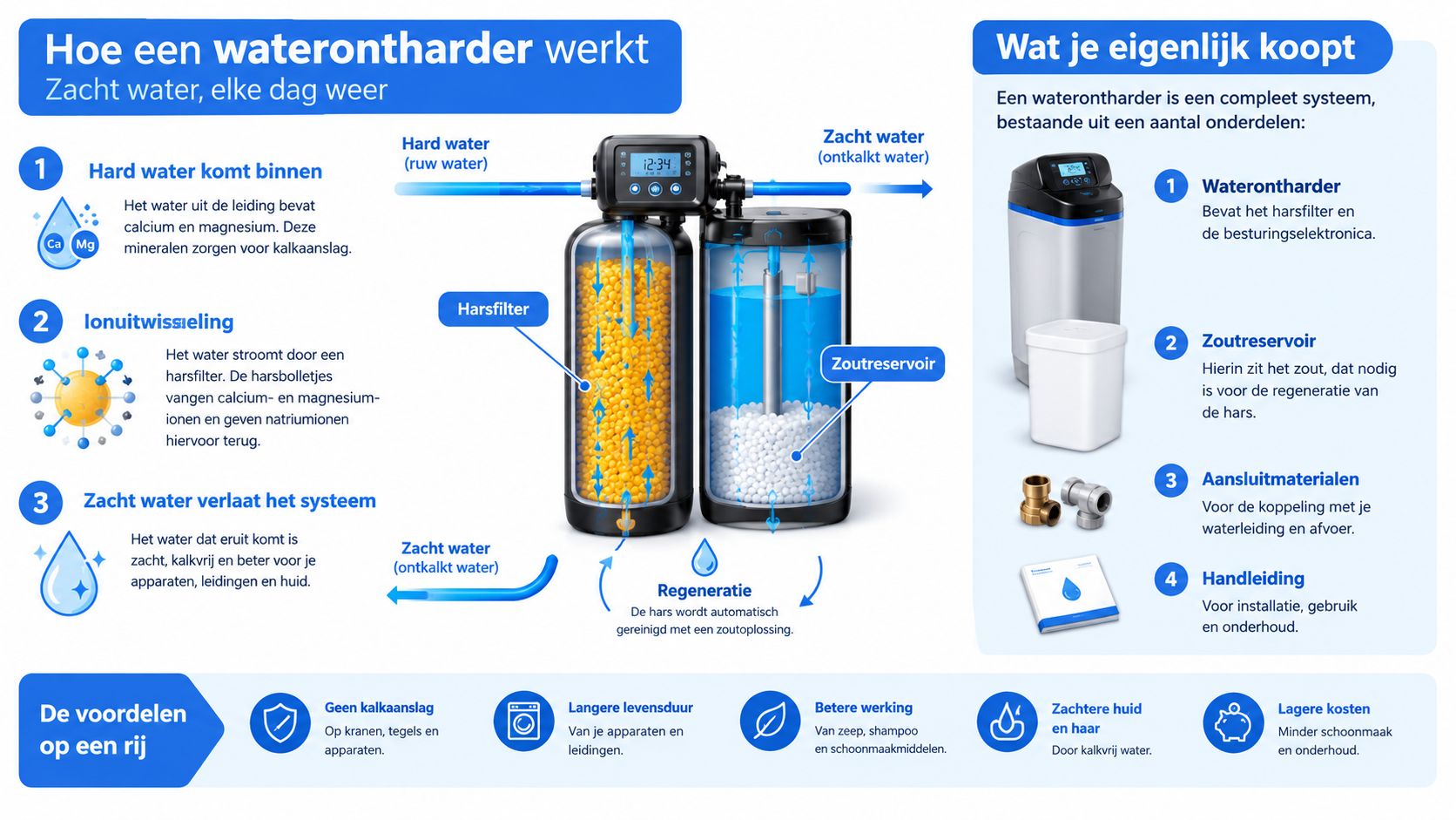 Infographic die de werking van een waterontharder toont, inclusief onderdelen en de voordelen van zacht water.