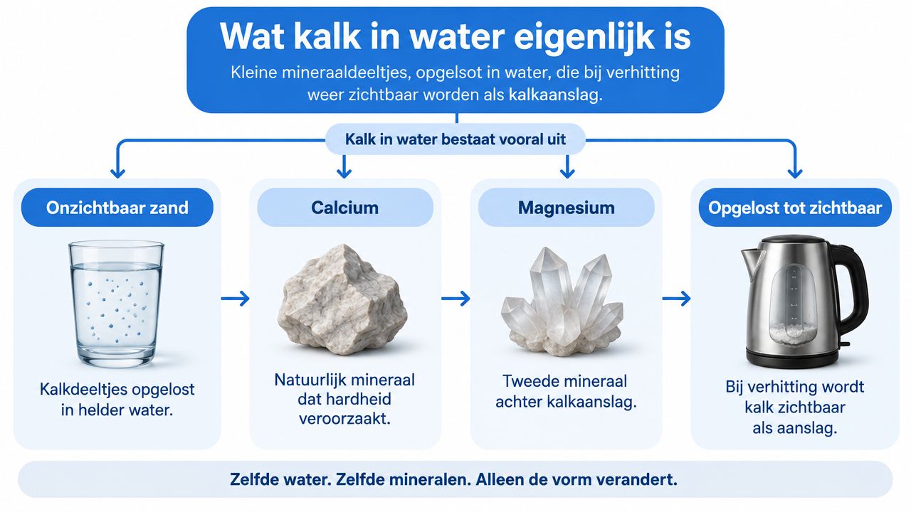 Een informatieve afbeelding die uitlegt wat kalk in water is, inclusief calcium, magnesium en het verhittingsproces.
