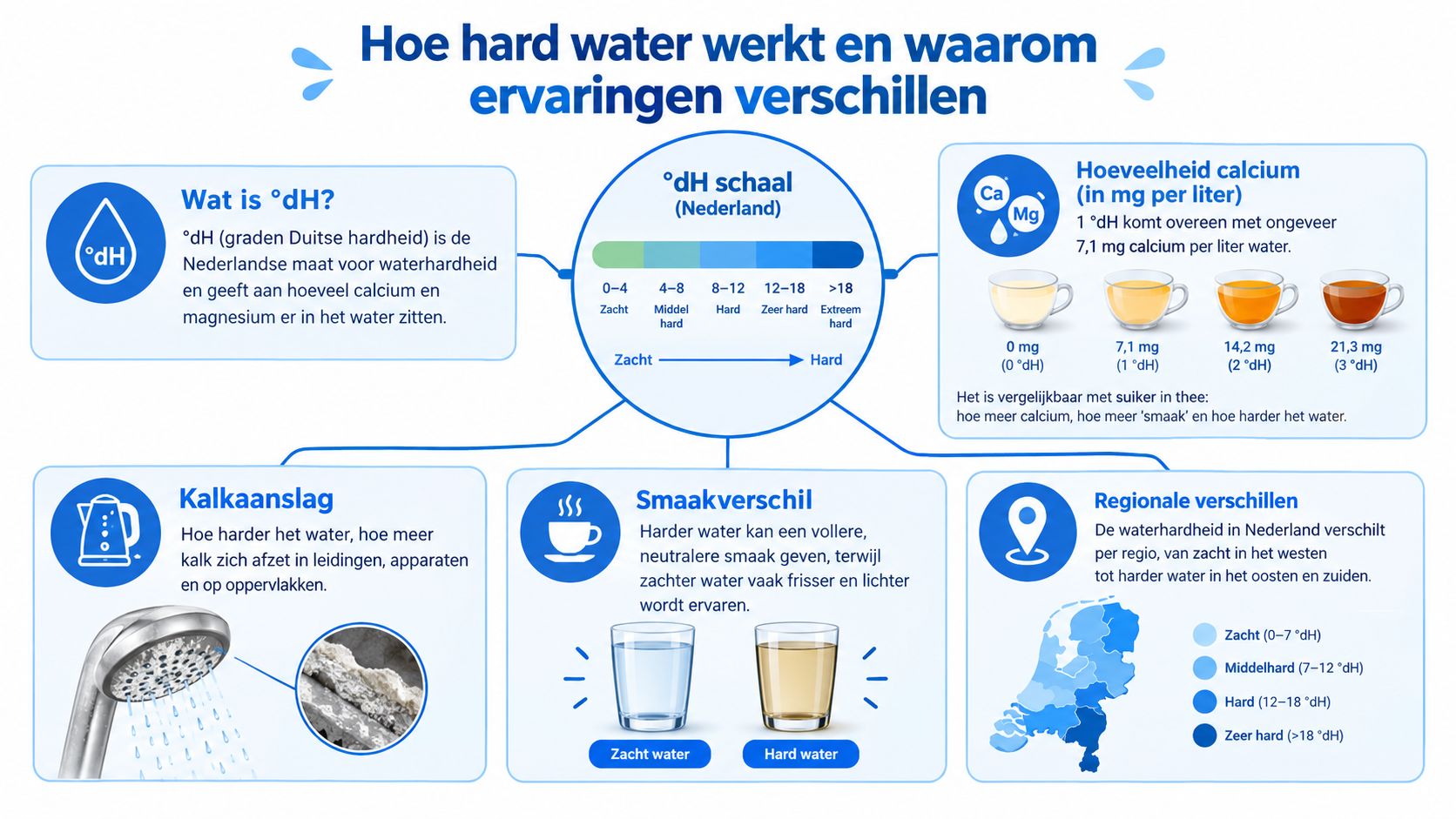 Een informatieve infographic die uitlegt hoe waterhardheid in graden Duitse hardheid werkt en regionale verschillen in Nederland weergeeft.